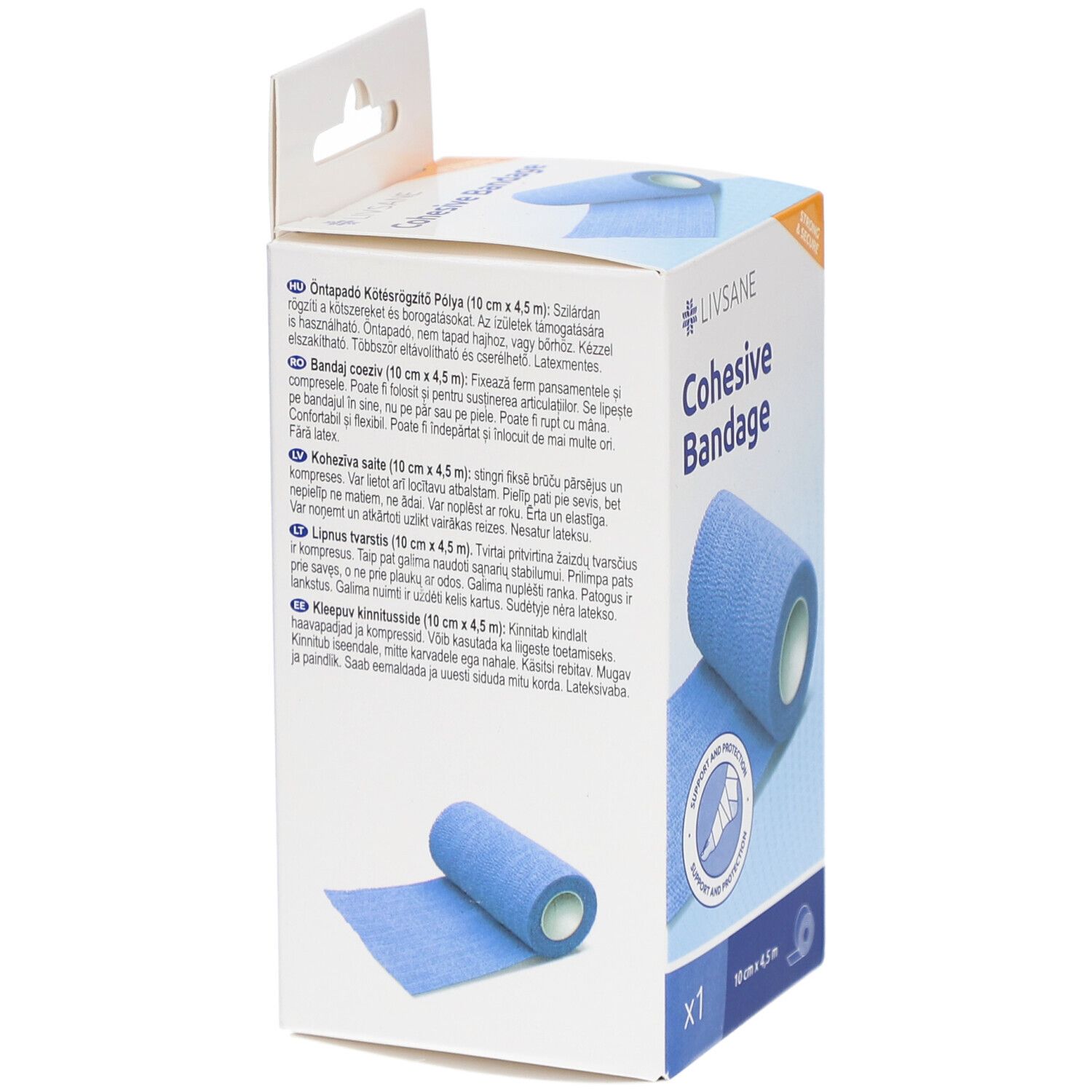 Emballage de bandage cohésif. Inscription: LIVSANE Cohesive Bandage. Texte multilingue. Logo CE. Illustration du produit.