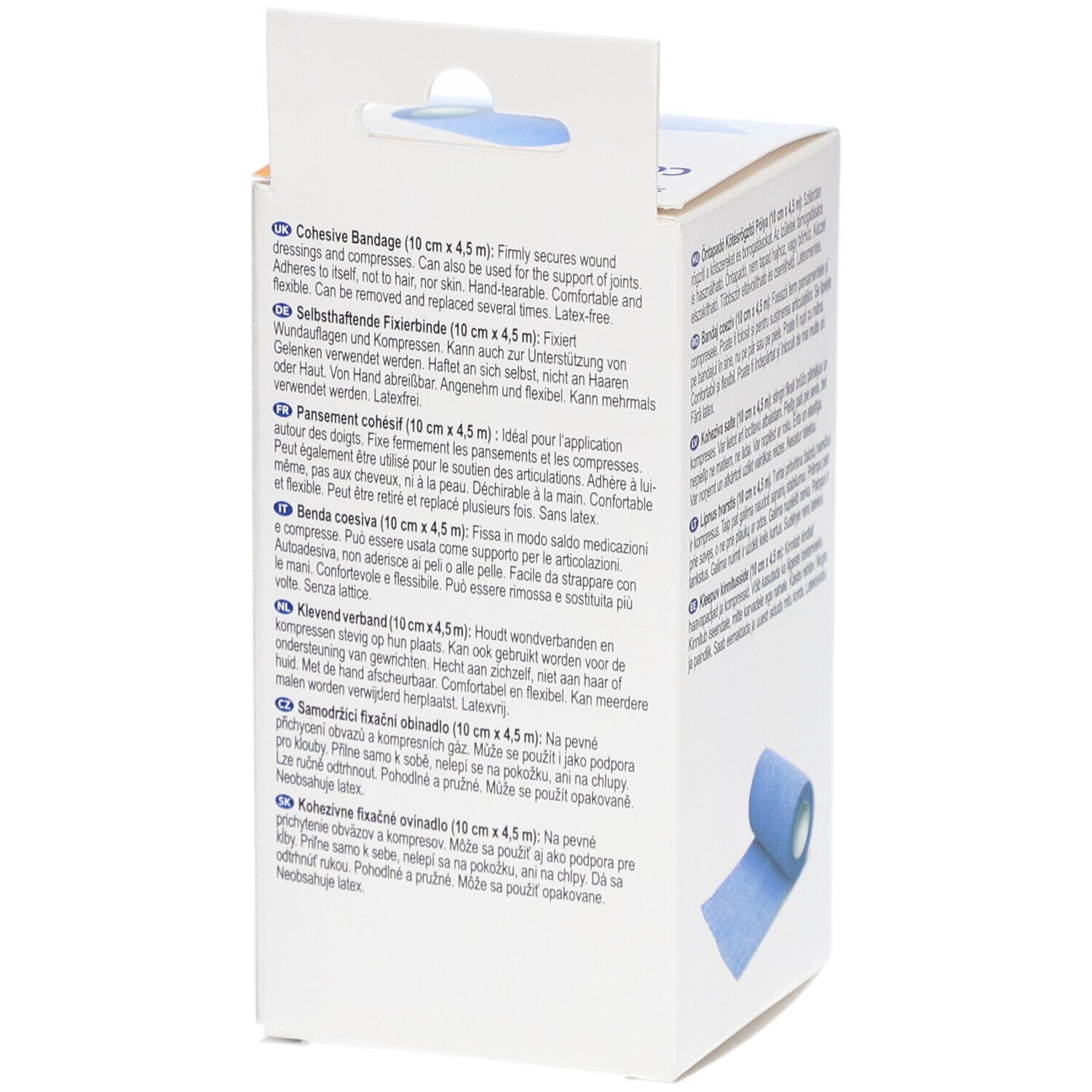 Dos de l'emballage du bandage cohésif. Texte multilingue. Illustration du produit. Logo CE. Informations fabricant.