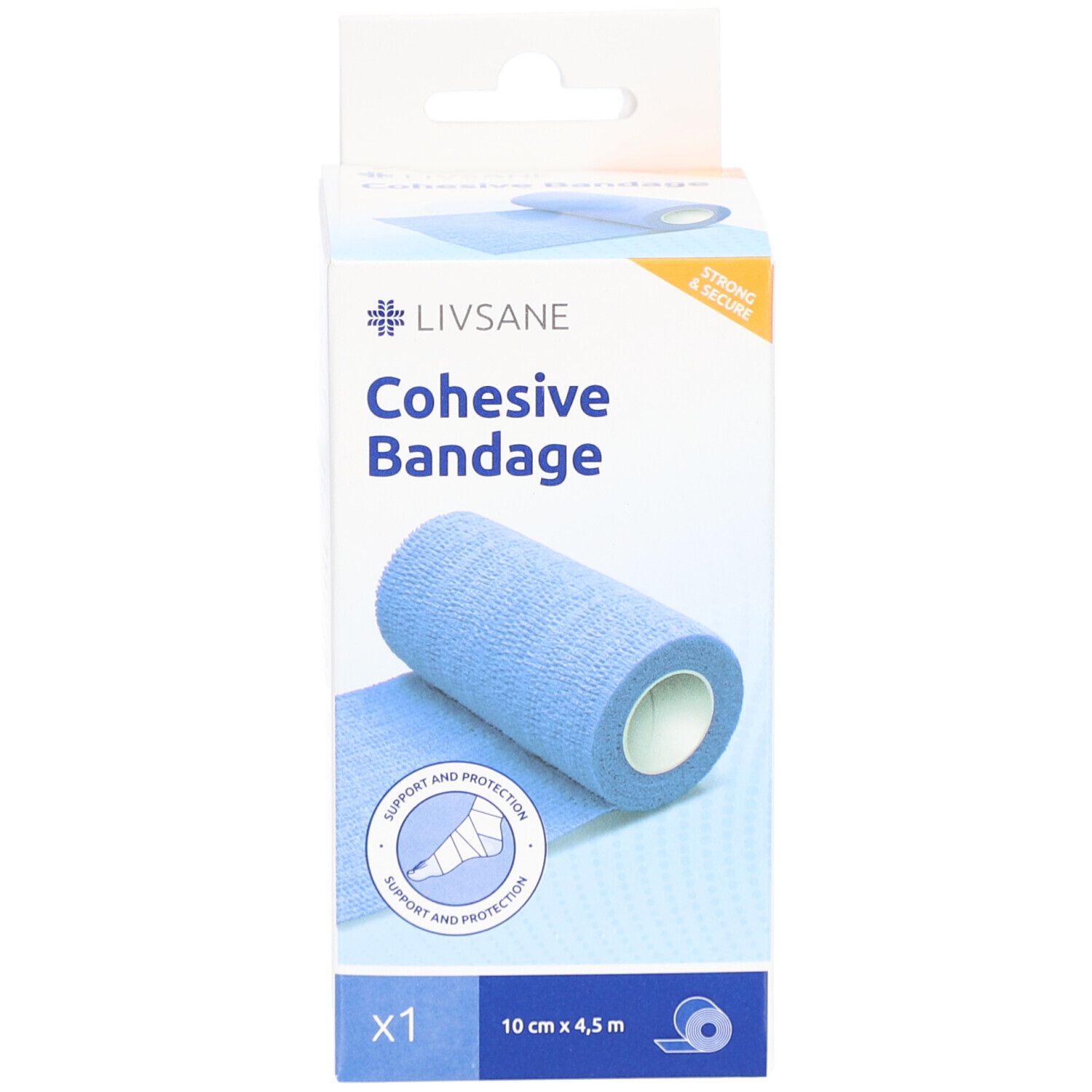 Emballage de bandage cohésif bleu. Inscription: LIVSANE Cohesive Bandage, 10 cm x 4,5 m. Logo CE. Illustration du produit.