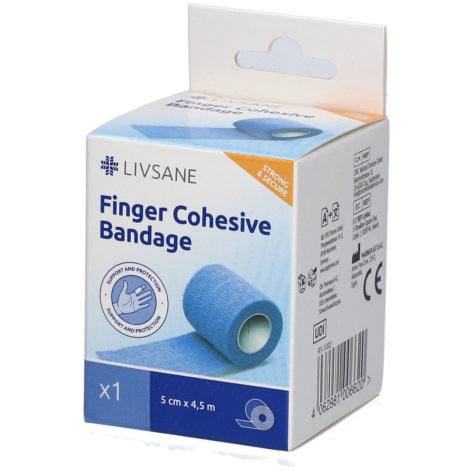 Blauwe LIVSANE vingerverband in verpakking. Opschrift: Finger Cohesive Bandage, 5 cm x 4,5 m. Met CE-markering.