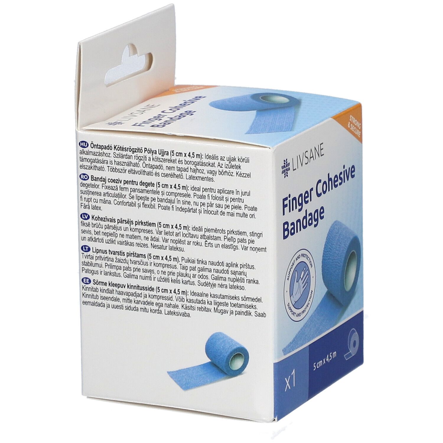 Verpakking met blauw LIVSANE vingerverband. Meertalige teksten. Opschrift: Finger Cohesive Bandage, 5 cm x 4,5 m.
