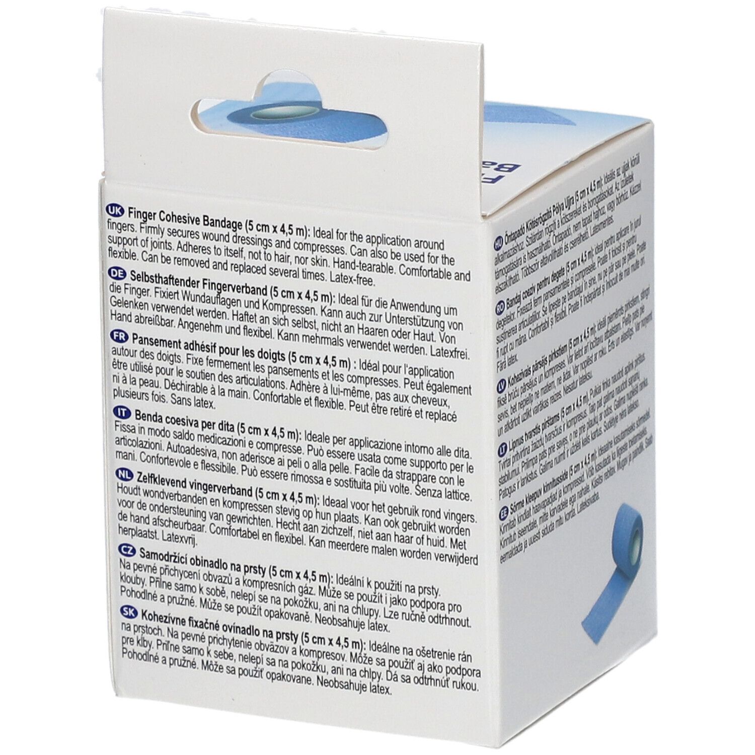 Achterkant van de verpakking met meertalige teksten. Informatie over vingerverband, 5 cm x 4,5 m.