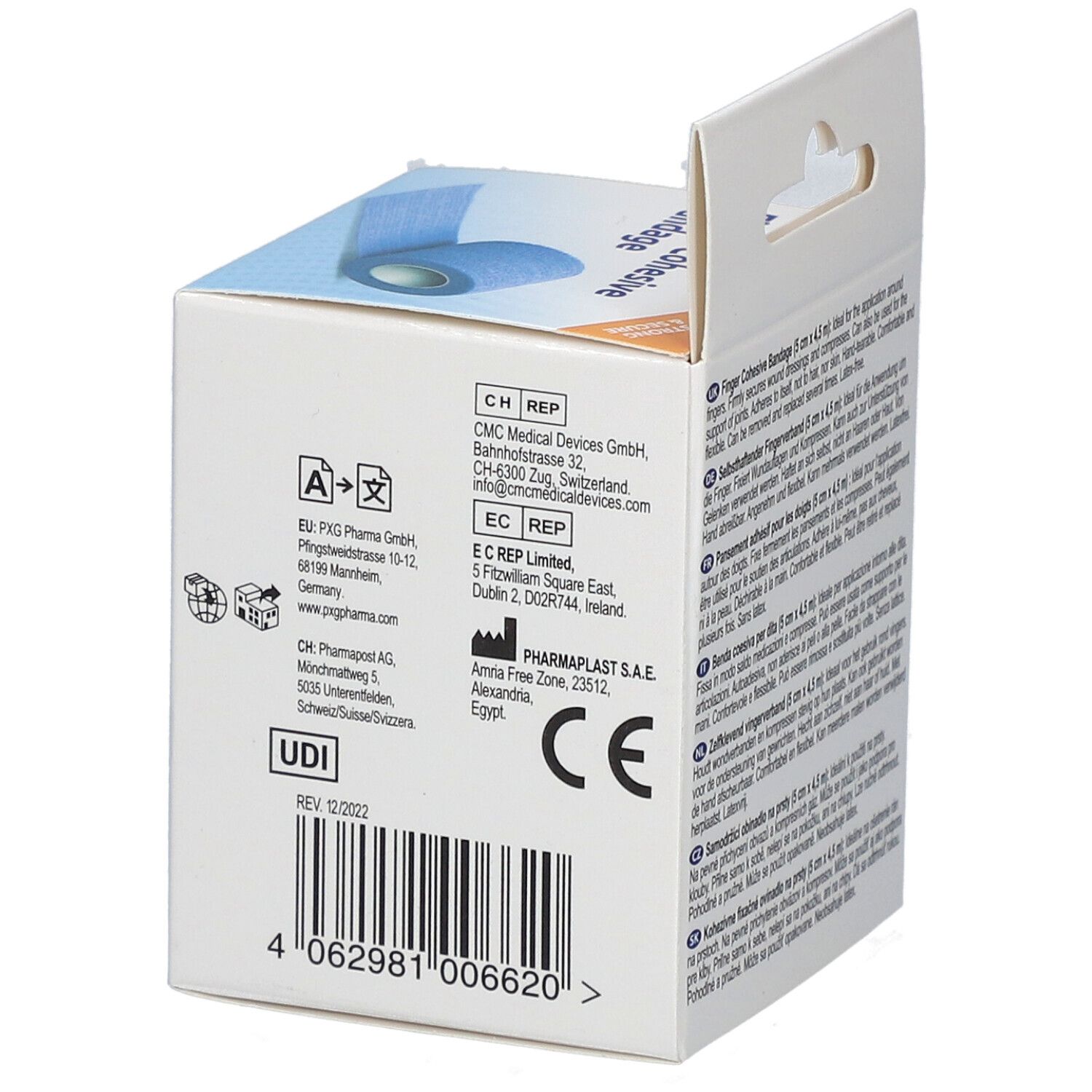 Achterkant van de verpakking met informatie. Fabrikantgegevens, UDI-code en CE-markering.