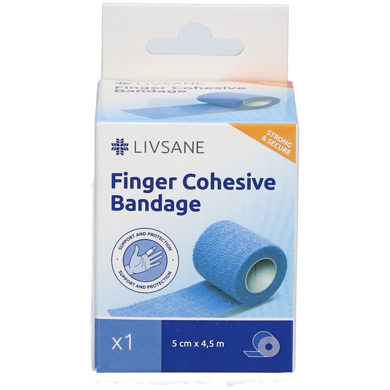 Vooraanzicht van de verpakking met blauw vingerverband. Opschrift: Finger Cohesive Bandage, 5 cm x 4,5 m.