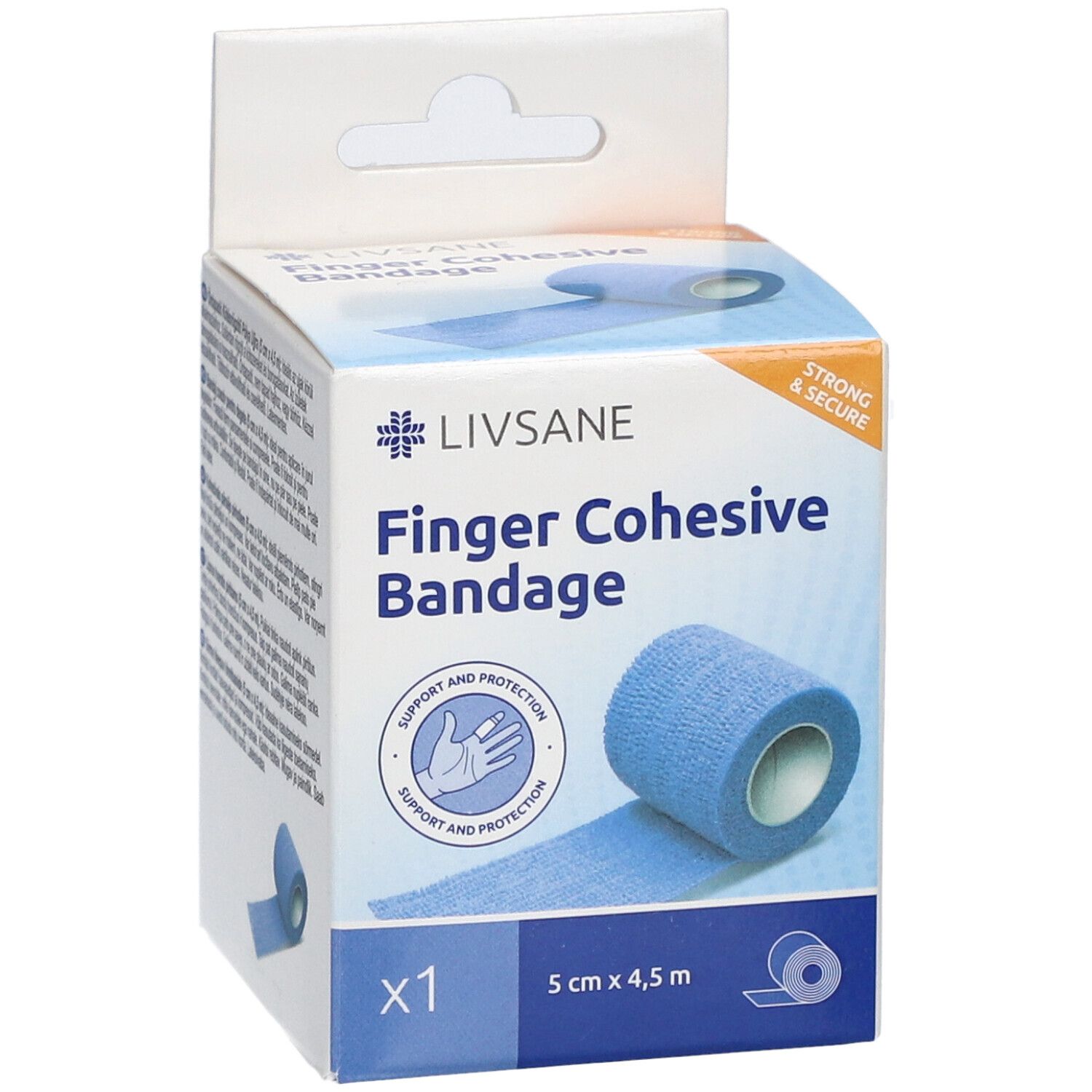Verpakking met blauw vingerverband. Opschrift: Finger Cohesive Bandage, 5 cm x 4,5 m. Met CE-markering.