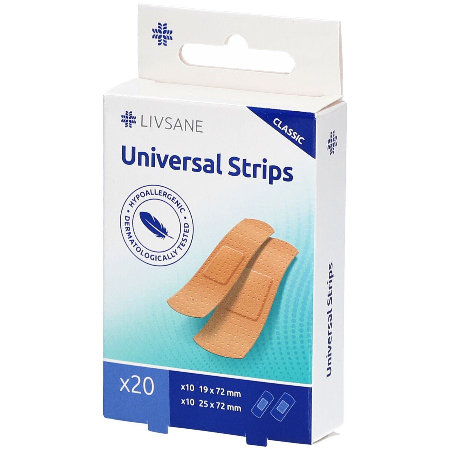 Doosje LIVSANE Classic Universal Strips pleisters. 20 stuks. 19x72mm & 25x72mm. Dermatologisch getest.