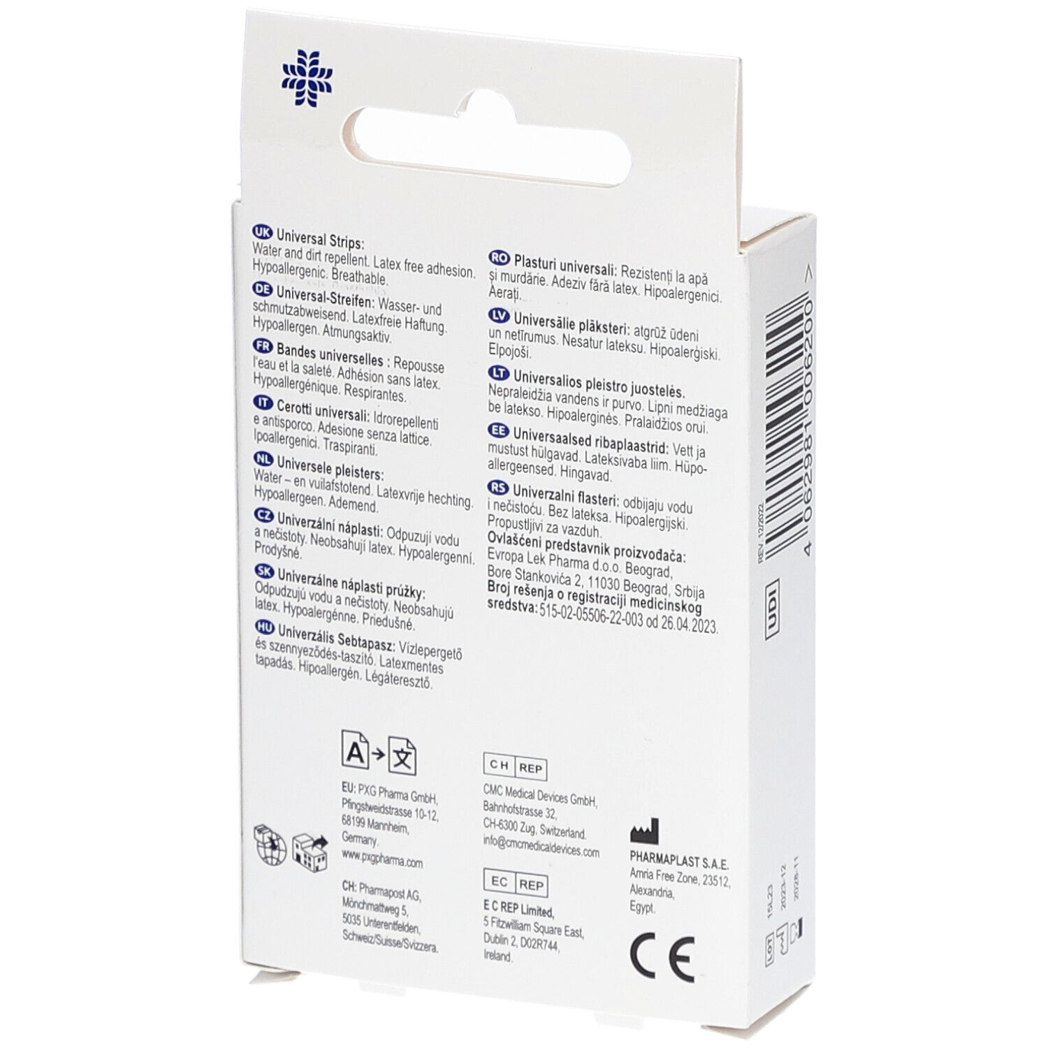 Achterkant van de pleisterdoos. Meertalige tekst. CE-markering. Fabrikantinformatie.