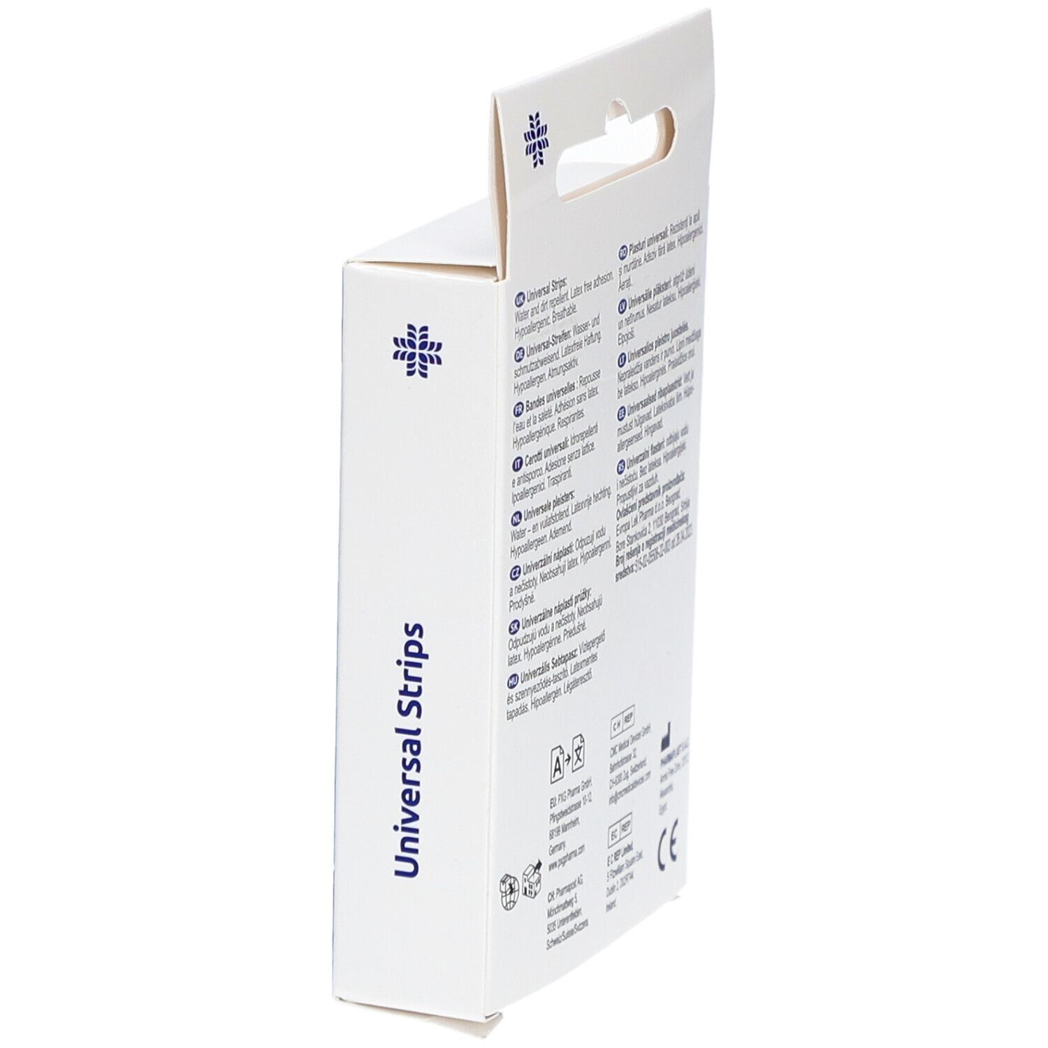 Zijaanzicht van de pleisterdoos. LIVSANE Universal Strips. CE-markering. Meertalige tekst.