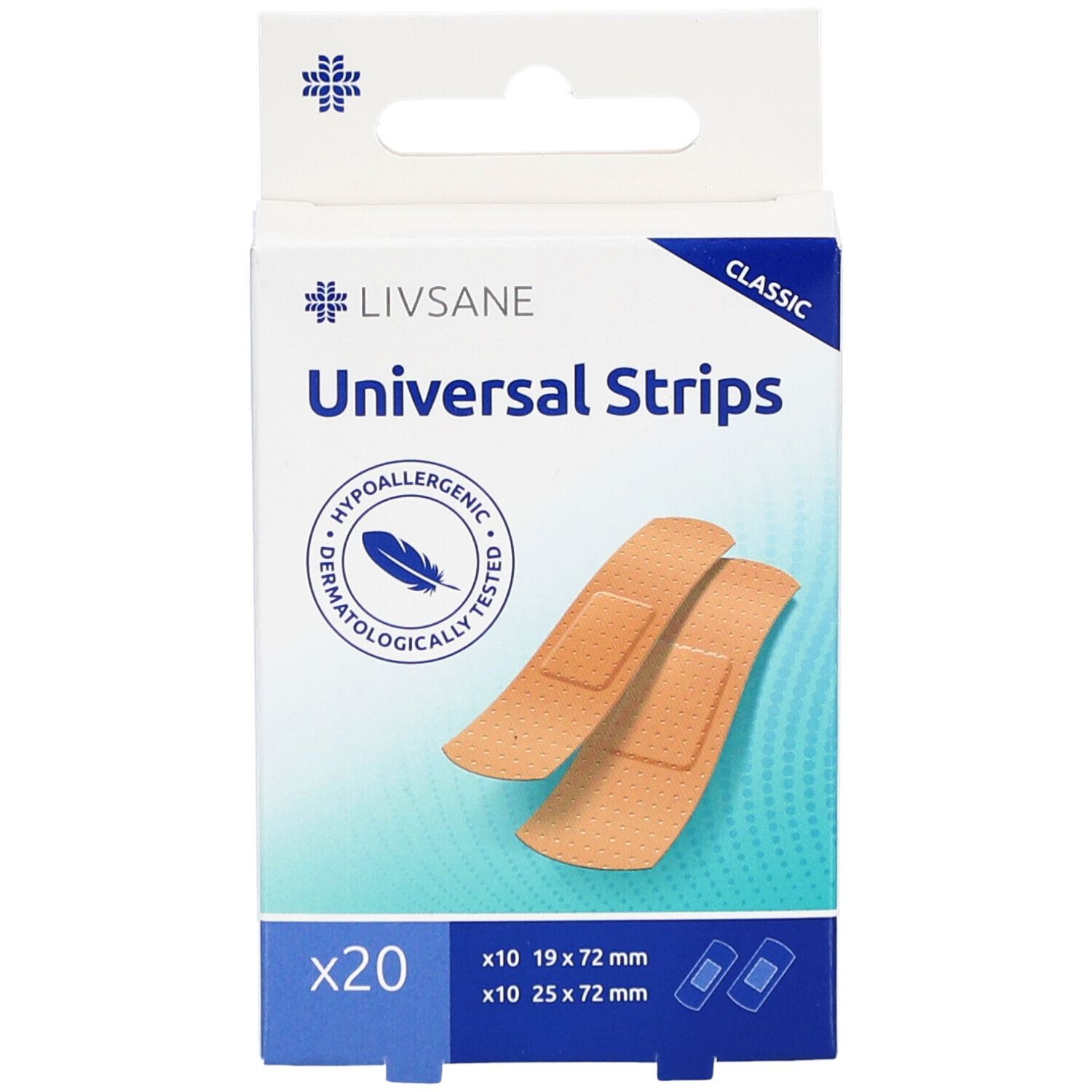 Vooraanzicht van de pleisterdoos. LIVSANE Classic Universal Strips. 20 stuks. 19x72mm & 25x72mm. Dermatologisch getest.