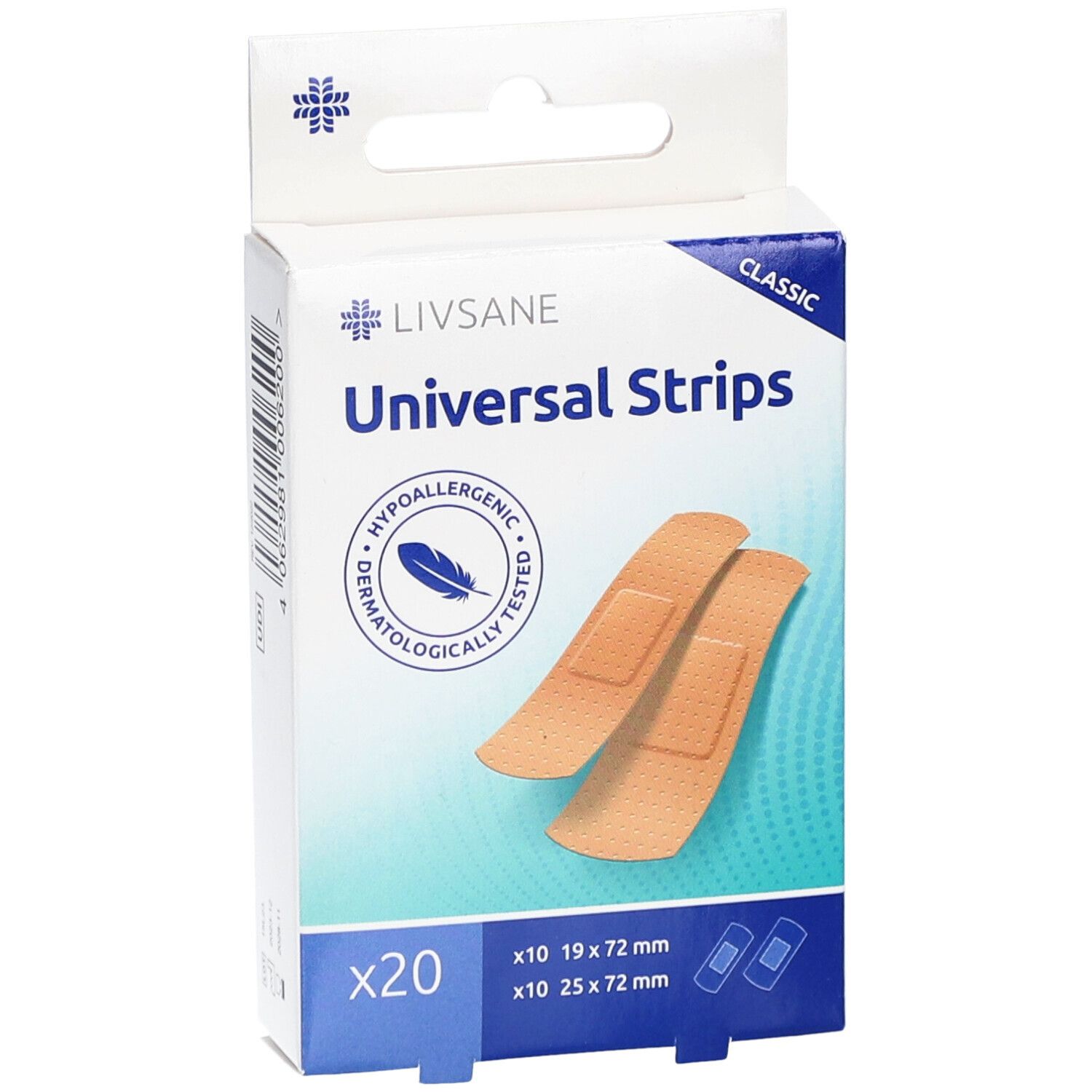 Vooraanzicht van de pleisterdoos. LIVSANE Classic Universal Strips. 20 stuks. 19x72mm & 25x72mm. Dermatologisch getest.