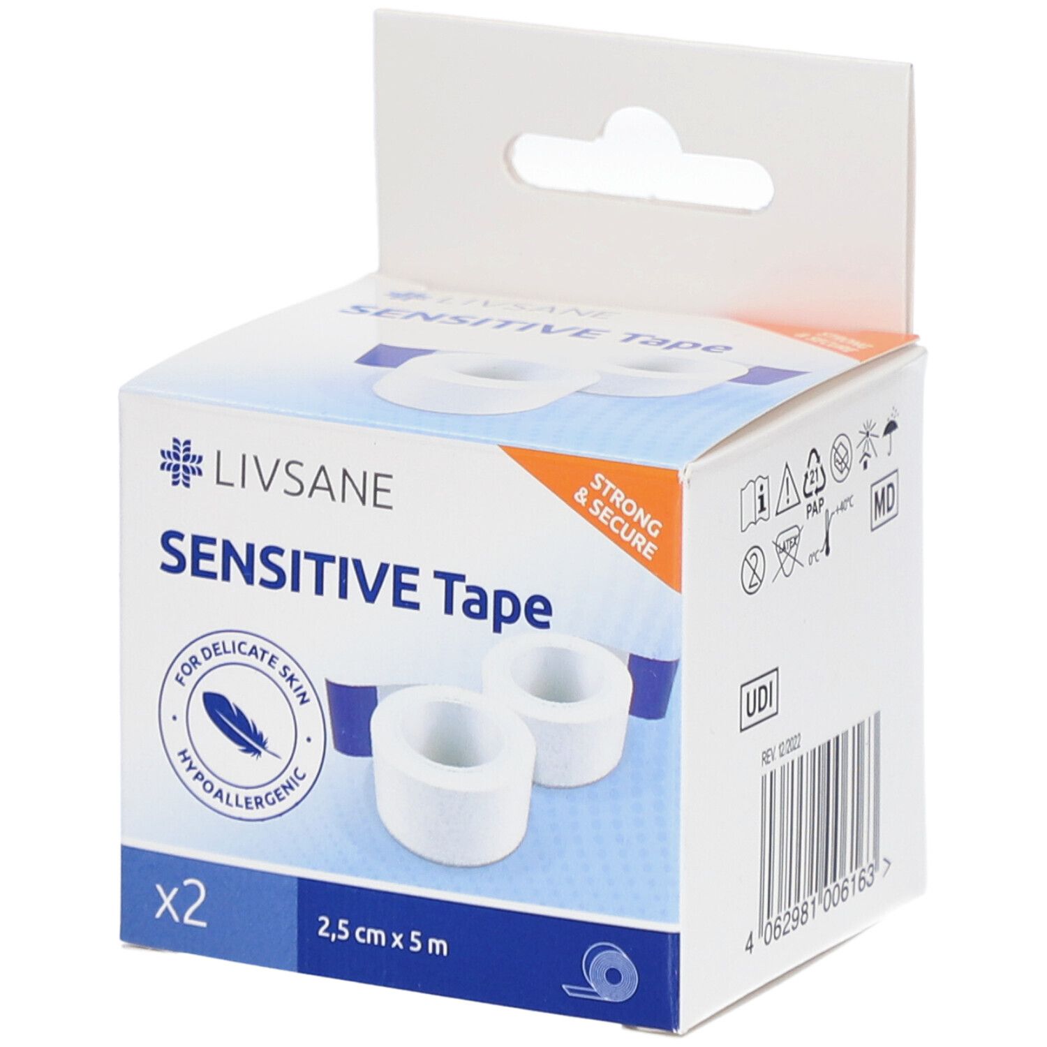 Verpakking LIVSANE Sensitive Tape. Bevat twee rollen. Opschriften: Sensitive Tape, 2,5 cm x 5 m, hypoallergeen.