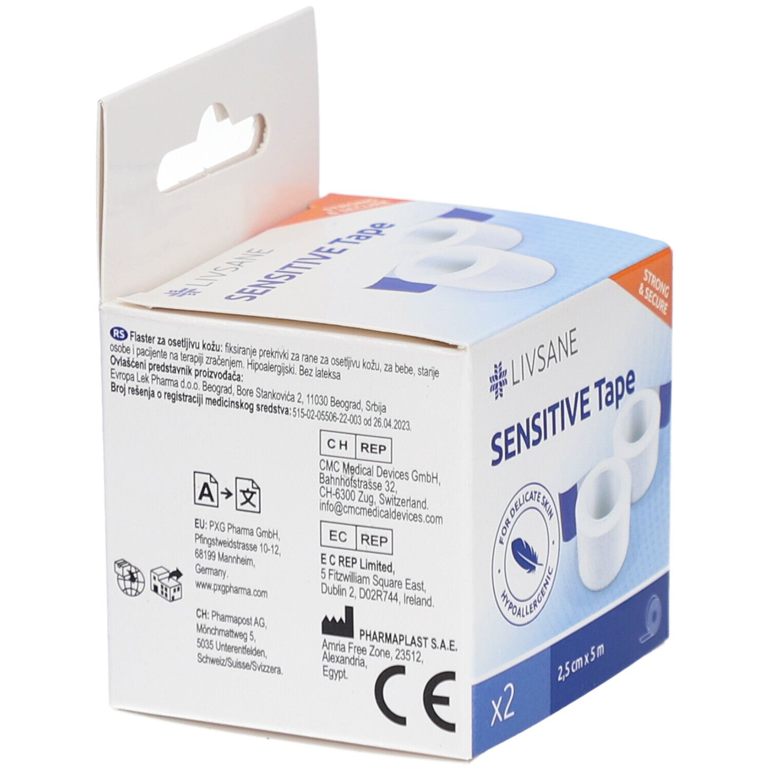 Achterkant van de verpakking van LIVSANE Sensitive Tape. Bevat tekst in verschillende talen. CE-markering.