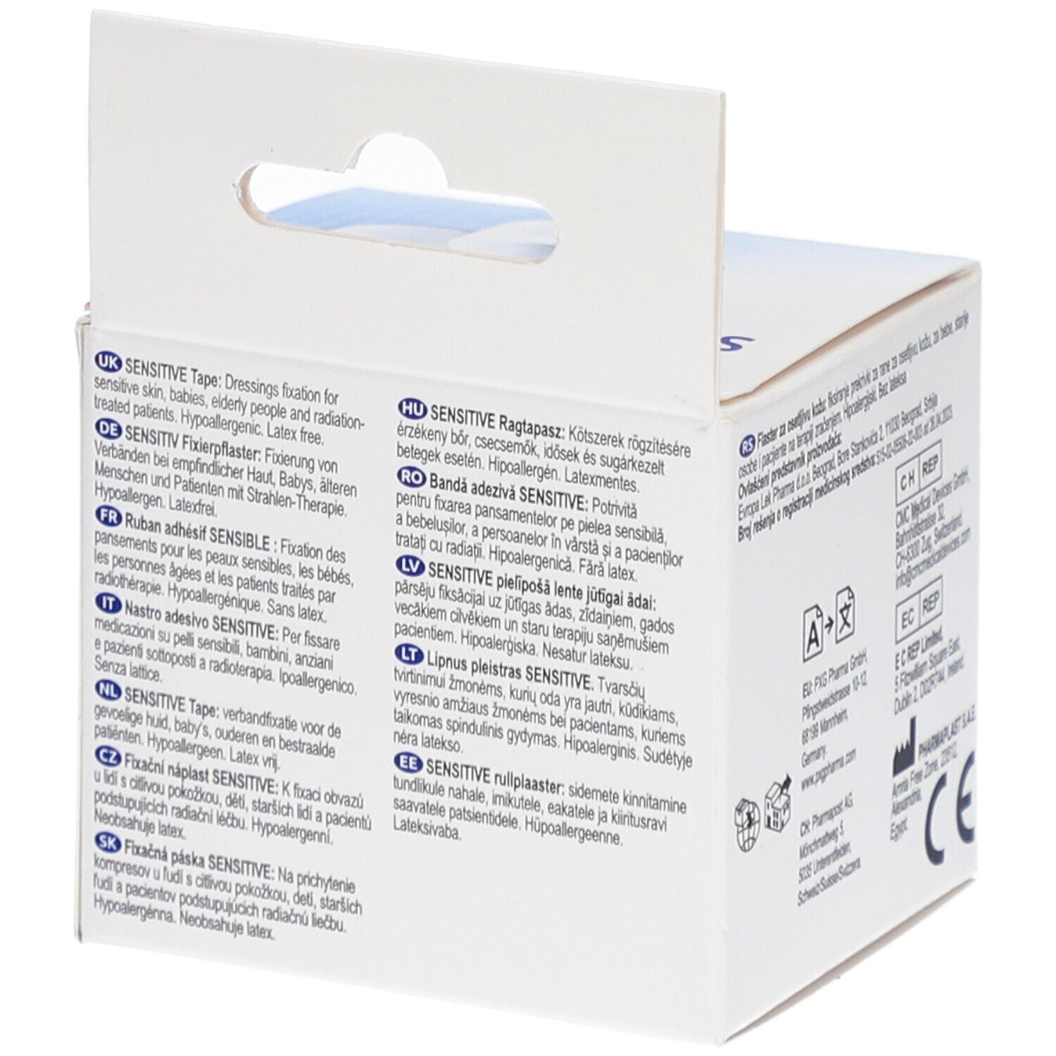 Achterkant van de verpakking van LIVSANE Sensitive Tape. Tekst in verschillende talen. CE-markering.