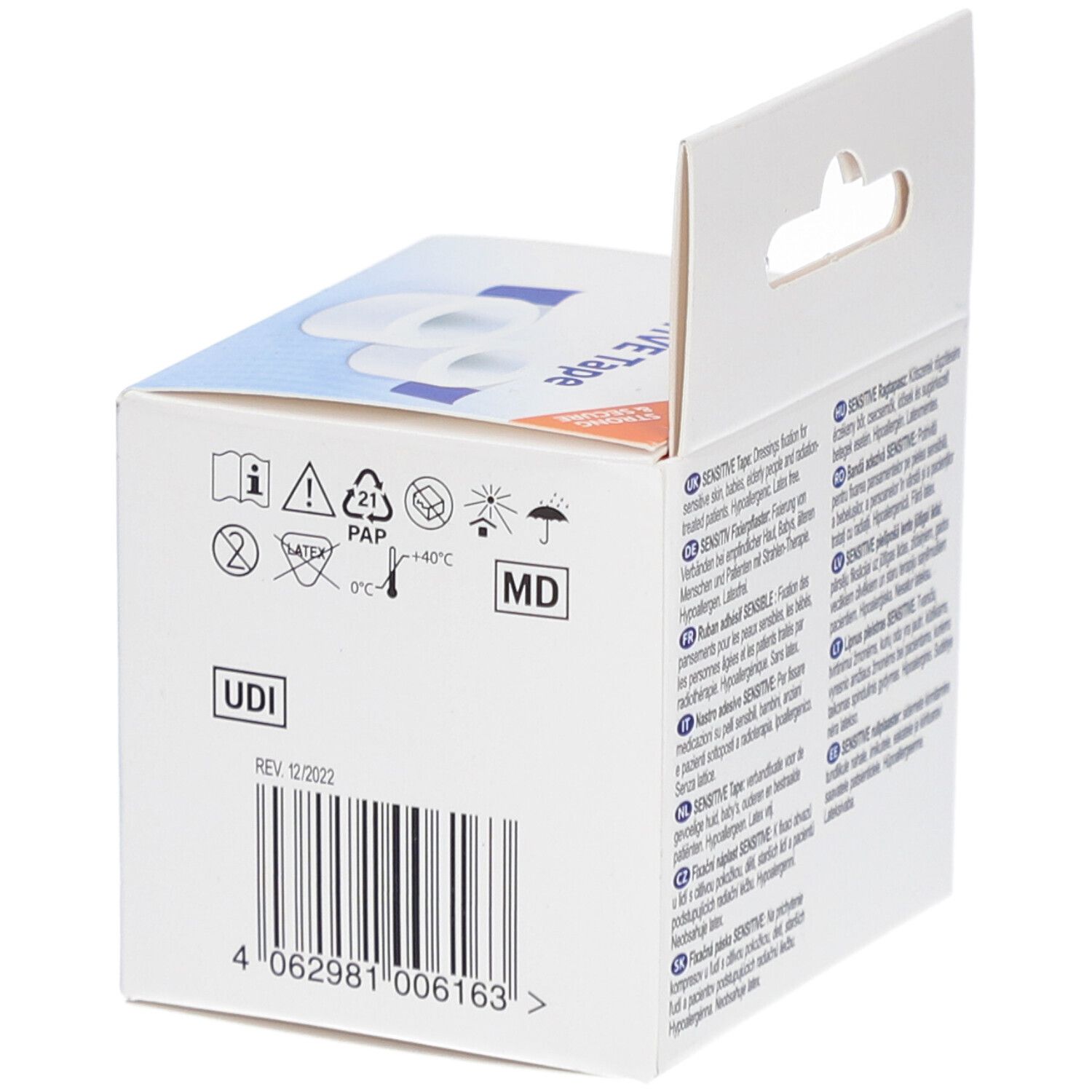 Achterkant van de verpakking van LIVSANE Sensitive Tape. Barcode, UDI-code, MD-symbool, temperatuurindicatie.
