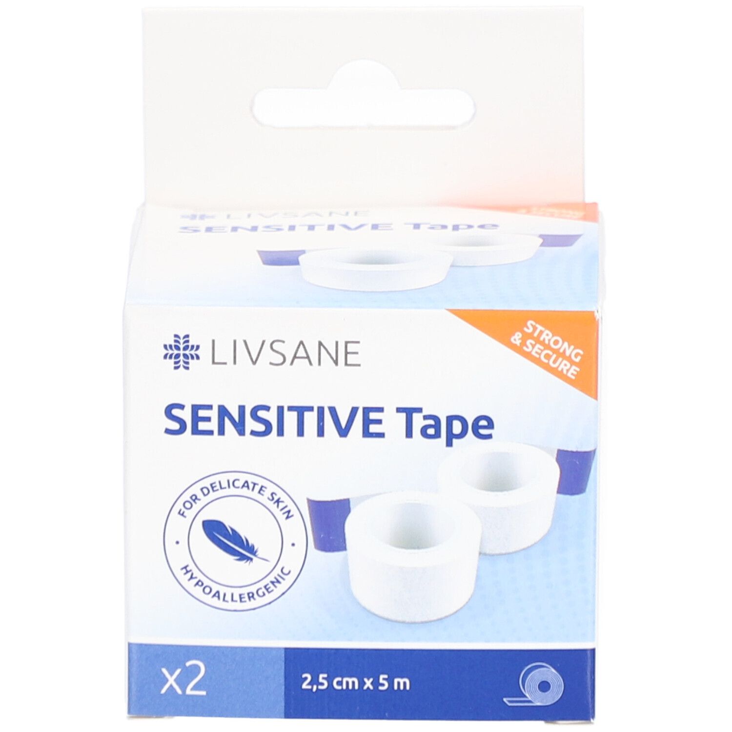 Verpakking LIVSANE Sensitive Tape. Bevat twee rollen. Opschriften: Sensitive Tape, 2,5 cm x 5 m, hypoallergeen.