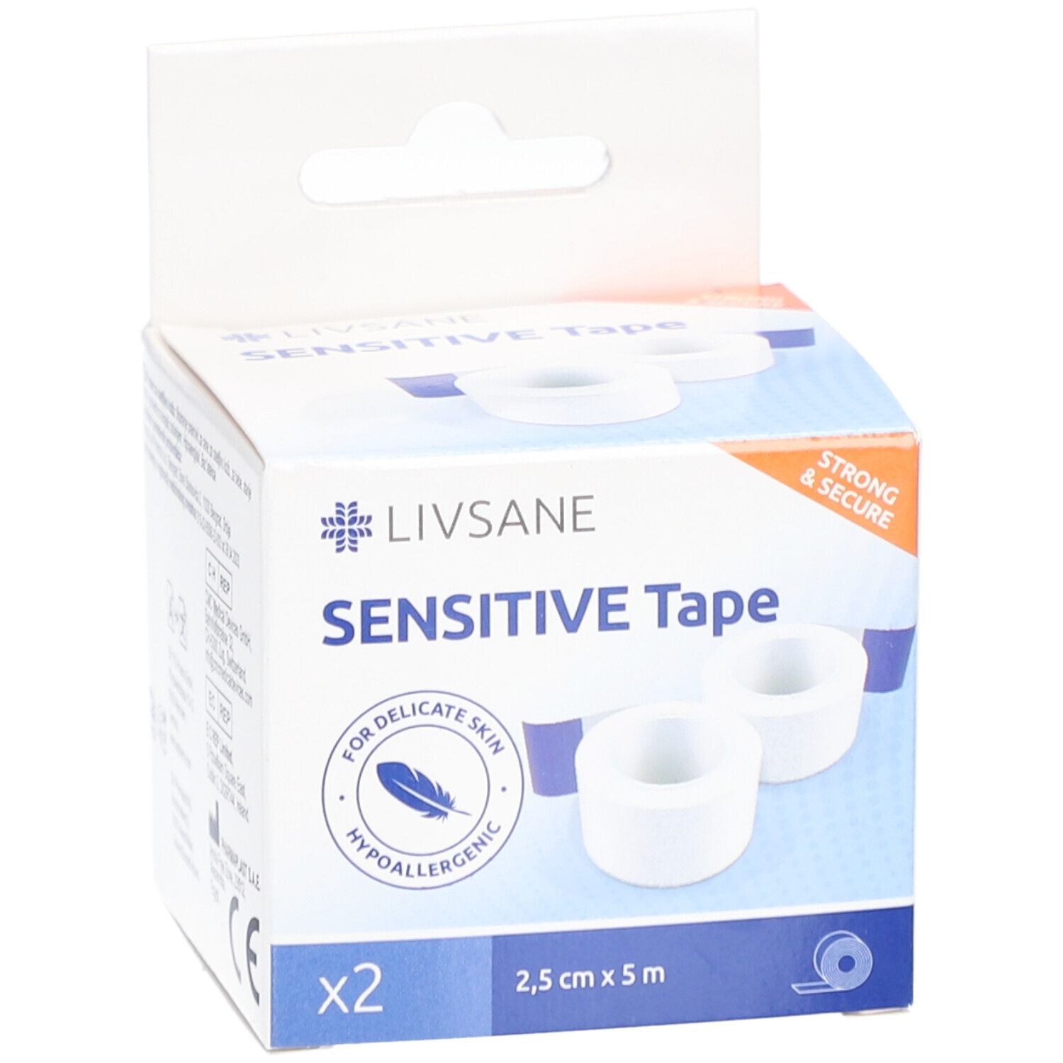 Verpakking LIVSANE Sensitive Tape. Bevat twee rollen. Opschriften: Sensitive Tape, 2,5 cm x 5 m, hypoallergeen.