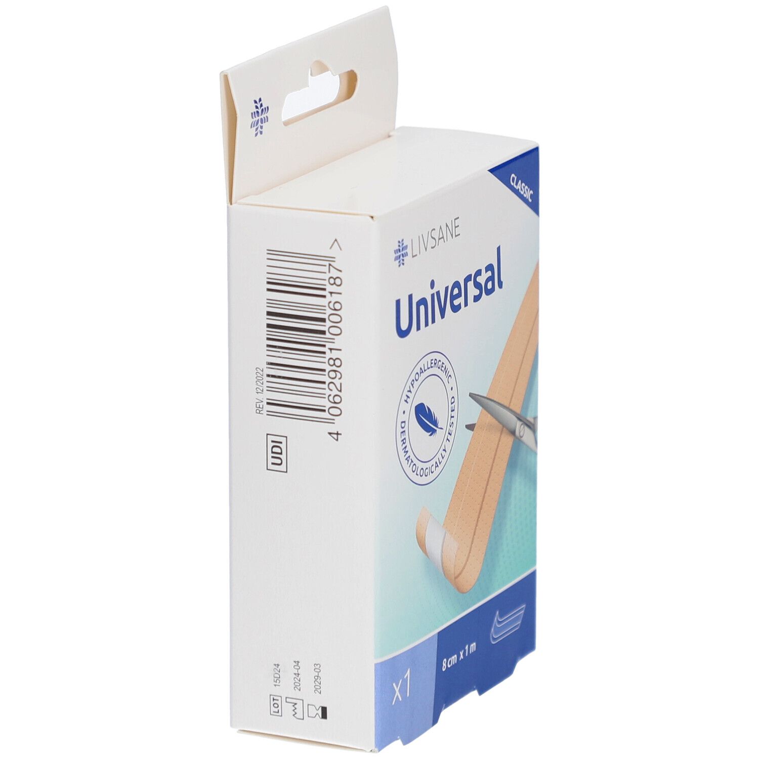 Zijaanzicht van de verpakking van LIVSANE Universal pleister. Afmeting 8 cm x 1 m. Met barcode en UDI-code.