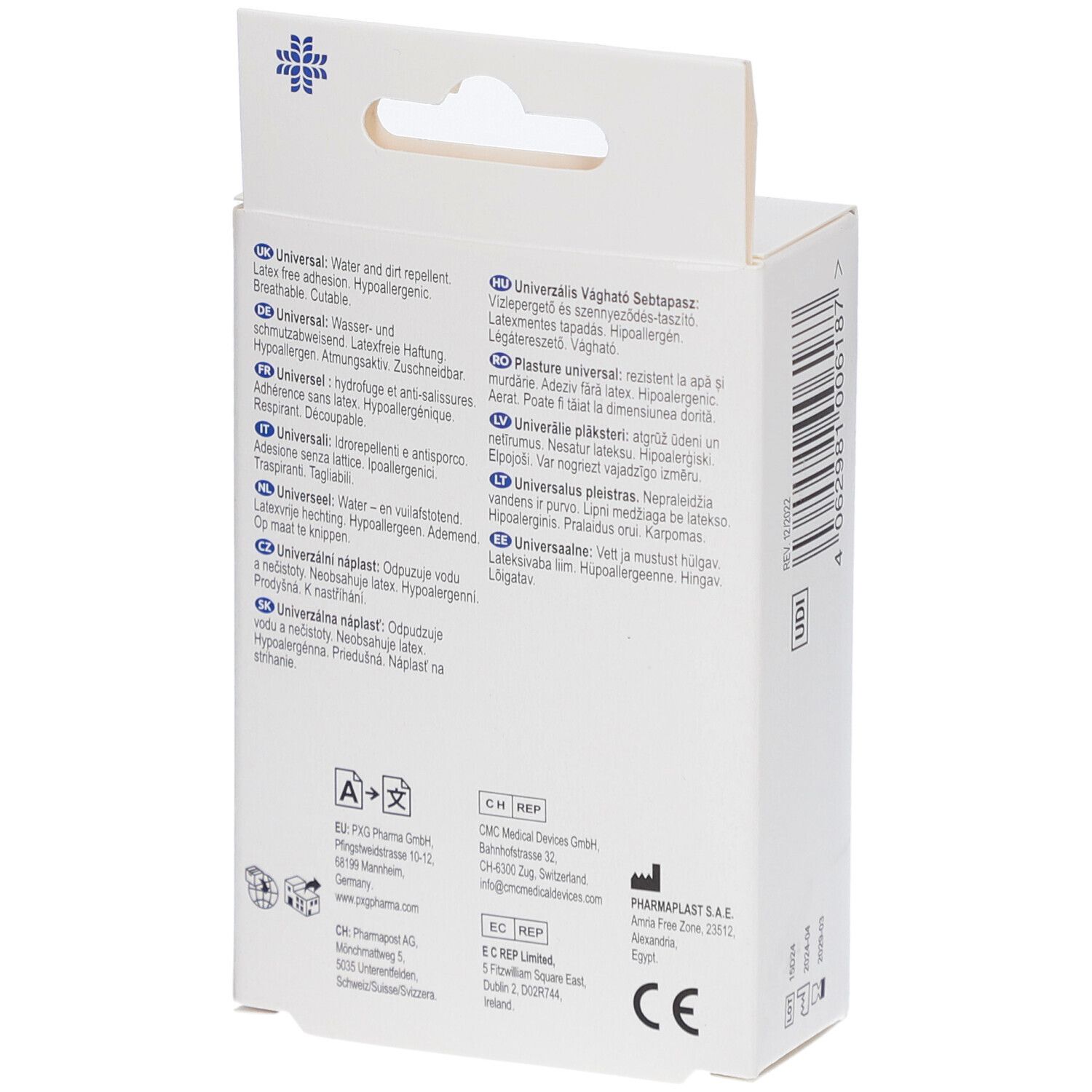 Achterkant van de verpakking met tekst in verschillende talen. Bevat informatie over LIVSANE Universal pleister.