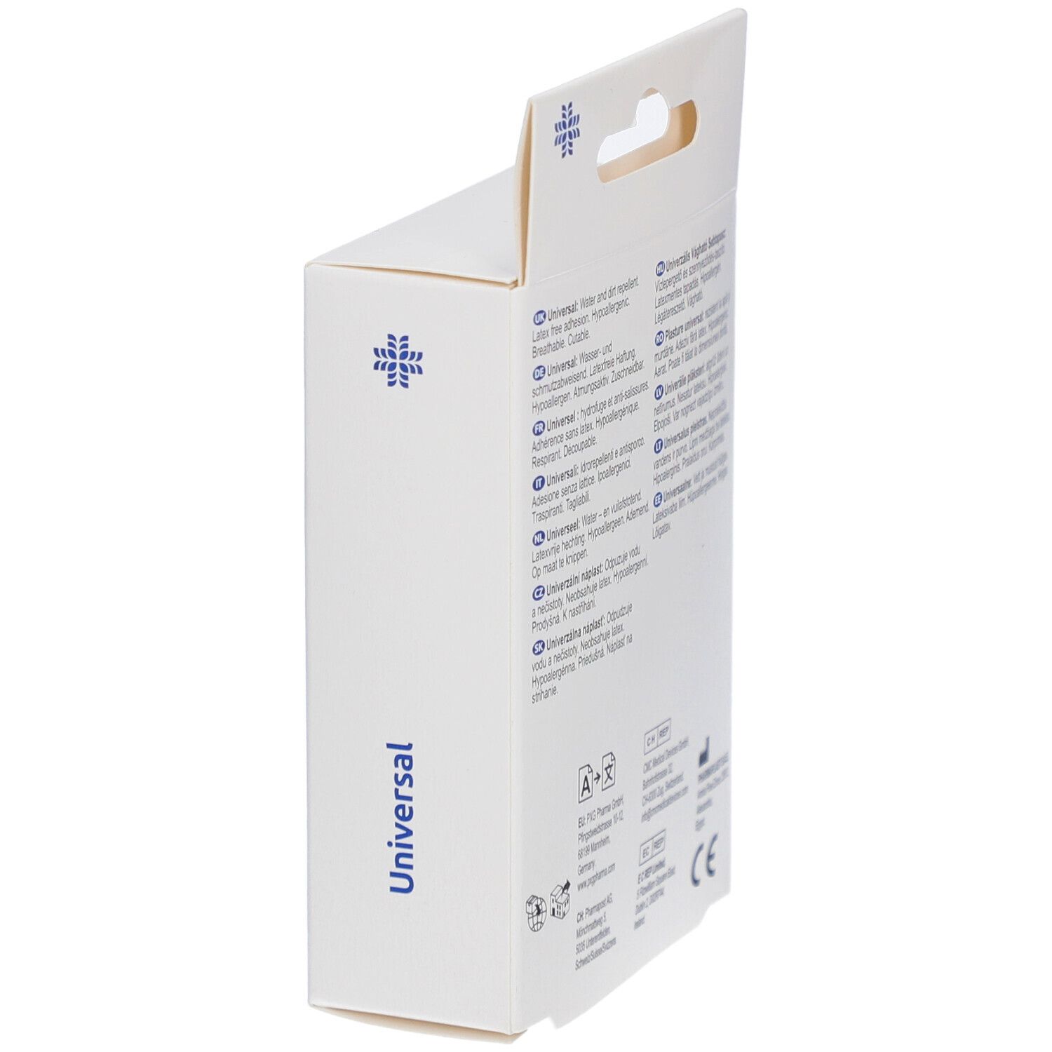 Zijaanzicht van de verpakking LIVSANE Universal. Bevat tekst en logo's. Met CE-markering.