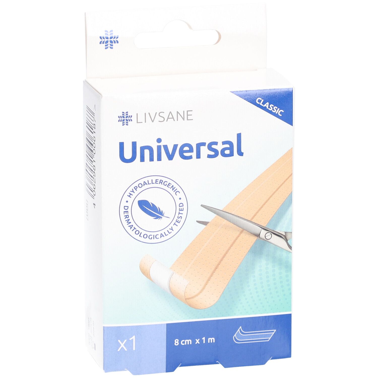 Verpakking van LIVSANE Universal pleister. Afmeting 8 cm x 1 m. Dermatologisch getest. Met schaar en strip.