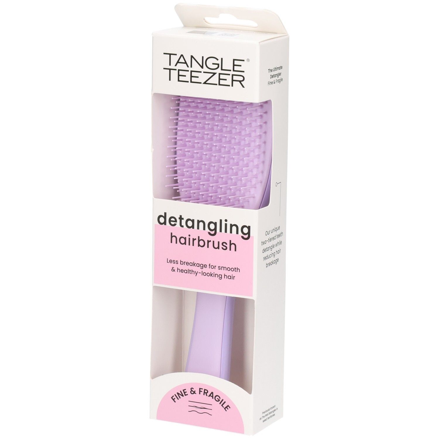 Ontwarrende haarborstel in verpakking. Paarse borstel met handvat. Merk: Tangle Teezer. Tekst: Fine & Fragile.