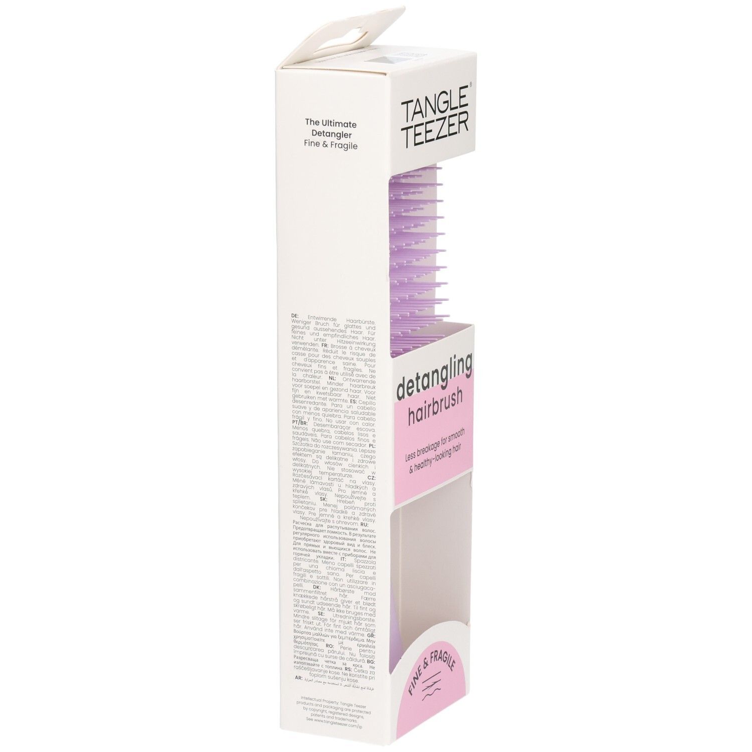 Verpakking van de ontwarborstel. Zijkant met tekst. Merk: Tangle Teezer. Tekst: Fine & Fragile.