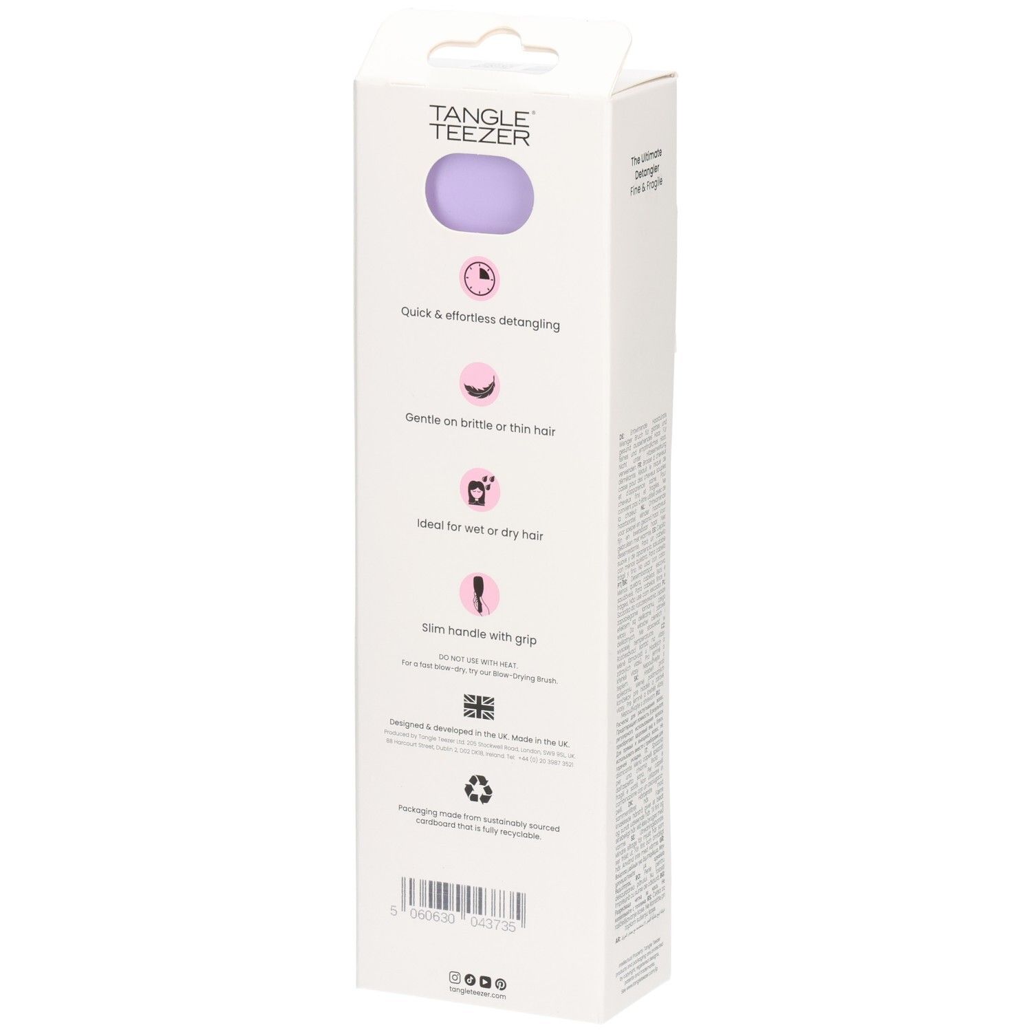 Achterkant van de verpakking. Tekst en symbolen. Merk: Tangle Teezer.