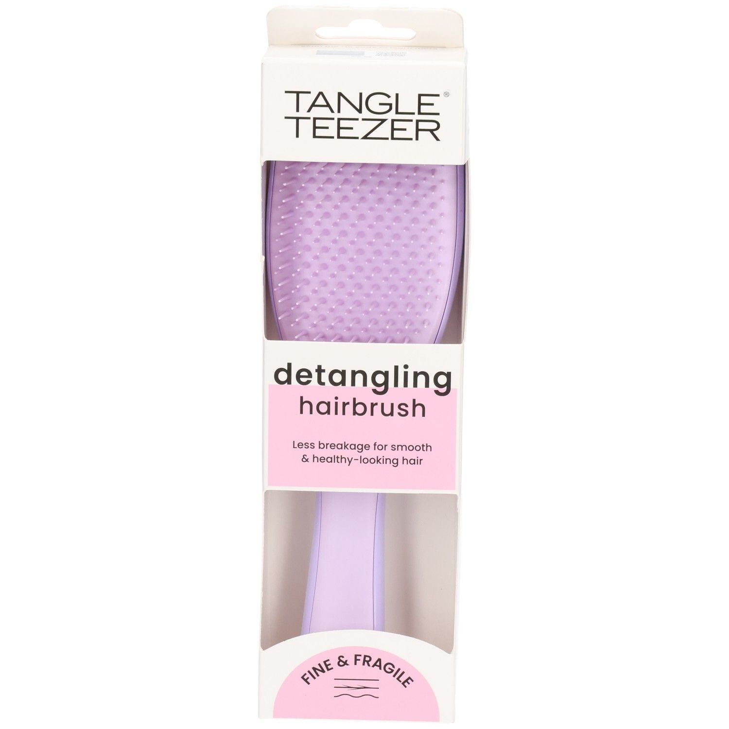 Ontwarrende haarborstel in verpakking. Paarse borstel met handvat. Merk: Tangle Teezer. Tekst: Fine & Fragile.