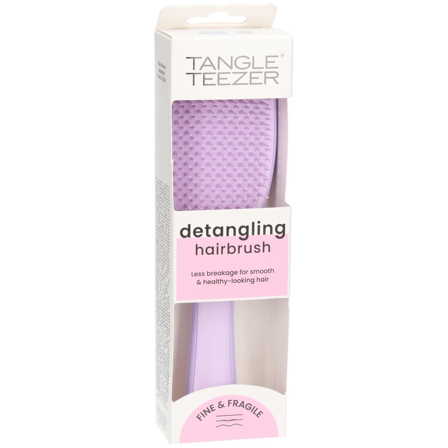 Ontwarrende haarborstel in verpakking. Paarse borstel met handvat. Merk: Tangle Teezer. Tekst: Fine & Fragile.