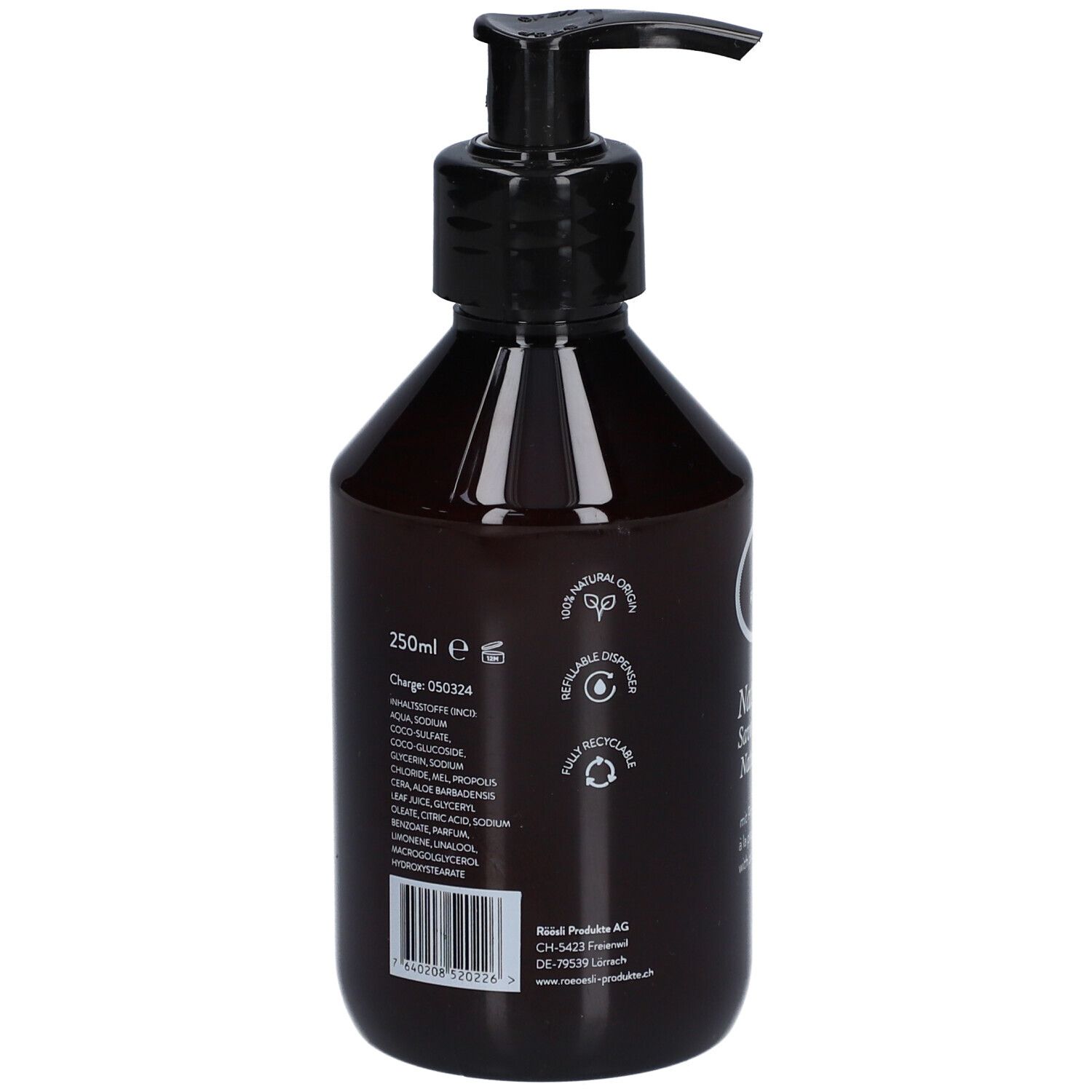 Achterkant van de bruine fles. Bevat ingrediënten, 250ml, recyclingsymbolen, barcode, fabrikantenadres.