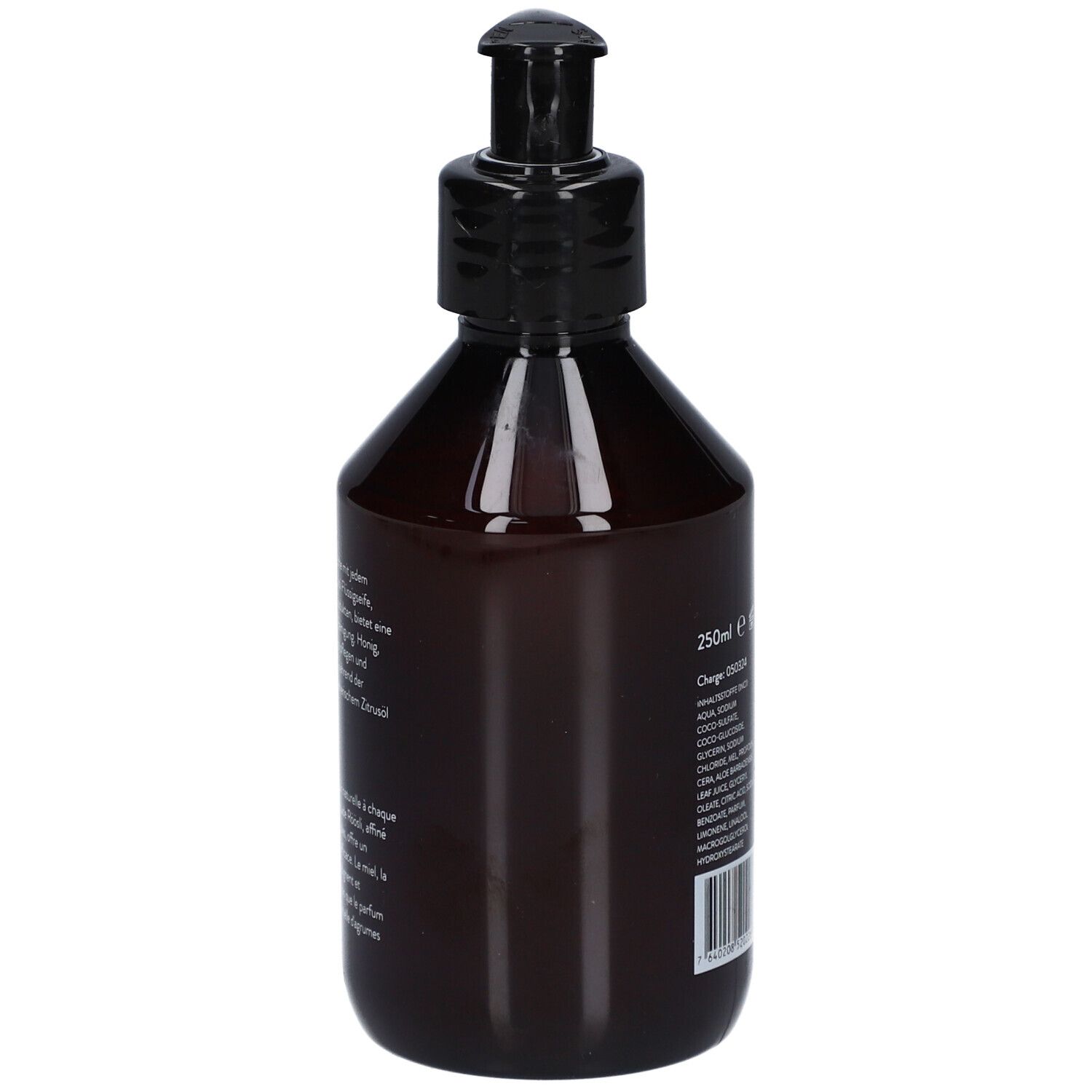 Achteraanzicht van de bruine fles. Bevat ingrediënten, 250ml, fabrikantenadres.