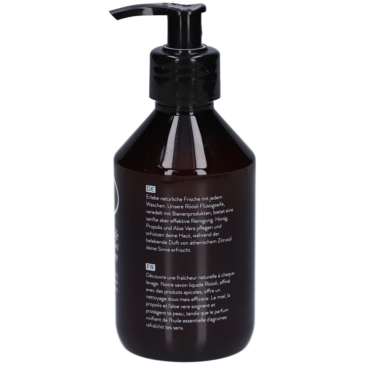 Bruine fles met zwarte pomp. Tekst in het Duits en Frans. Bevat informatie over het product.