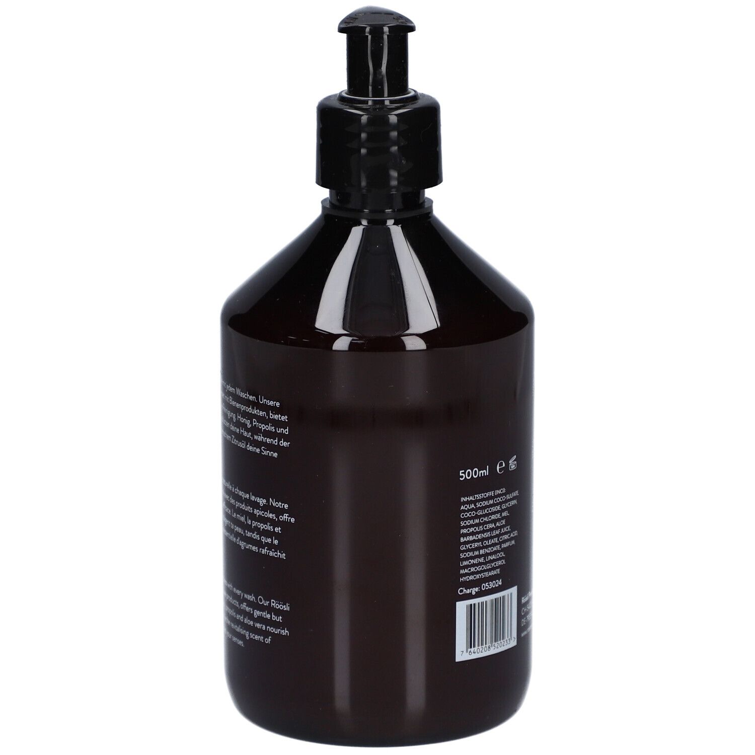 Achterkant bruine fles met zwarte pomp. Tekst in het Duits, Frans en Engels. Ingrediënten en fabrikant.