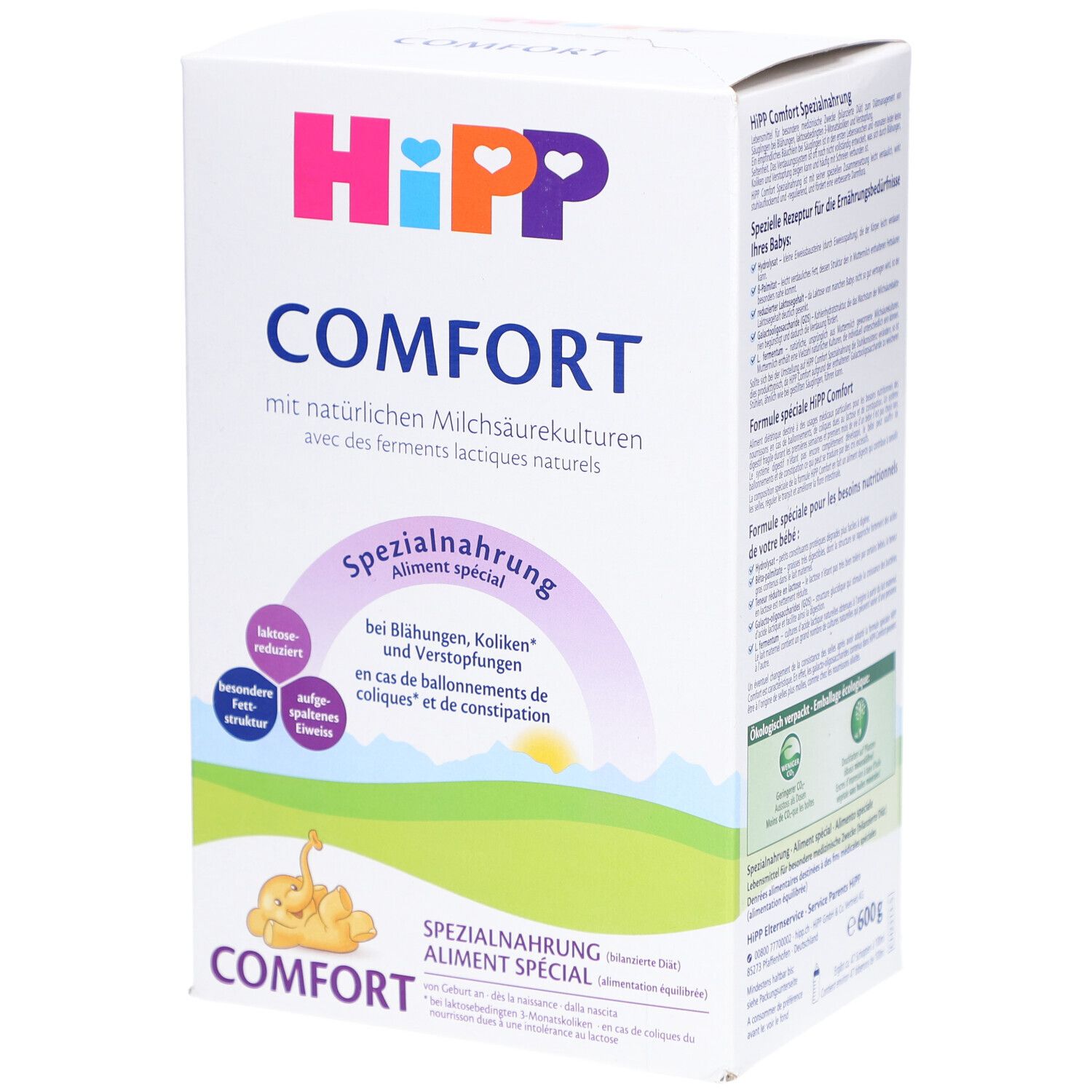 Boîte HiPP Comfort Spezialnahrung avec informations sur les ingrédients et la préparation.
