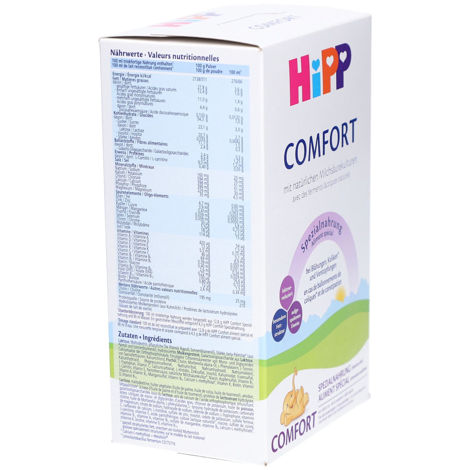 Arrière de la boîte HiPP Comfort Spezialnahrung avec tableau nutritionnel et liste des ingrédients.