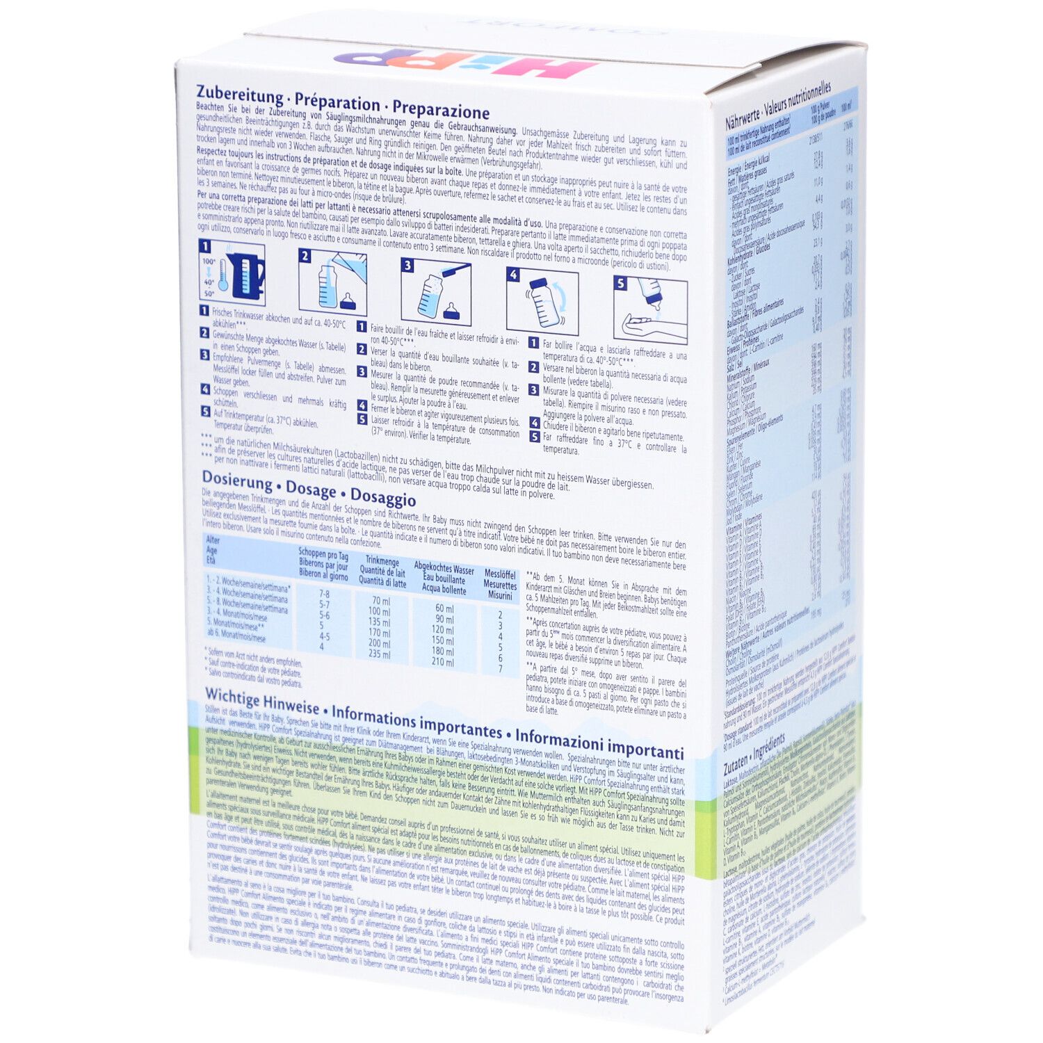 Côté de la boîte HiPP Comfort Spezialnahrung avec instructions de préparation et dosage.