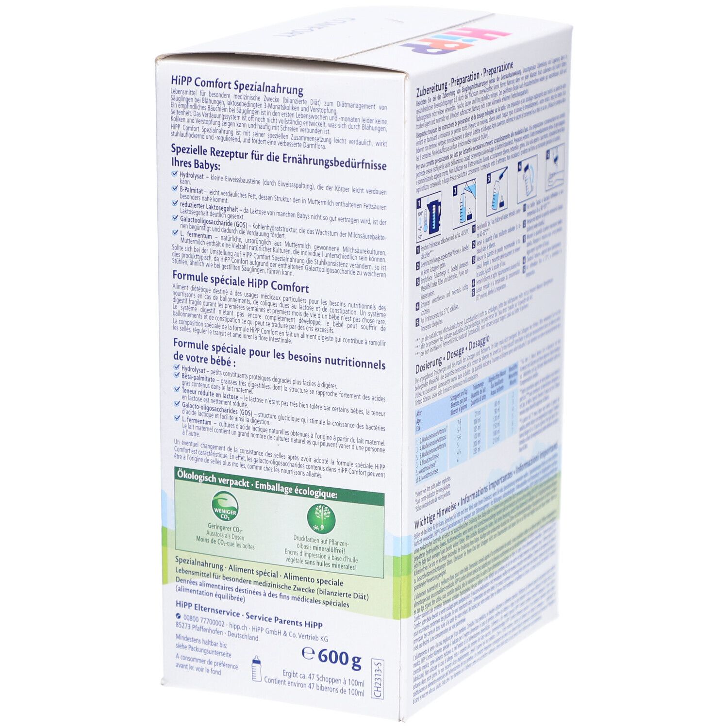 Côté de la boîte HiPP Comfort Spezialnahrung avec label écologique et poids.