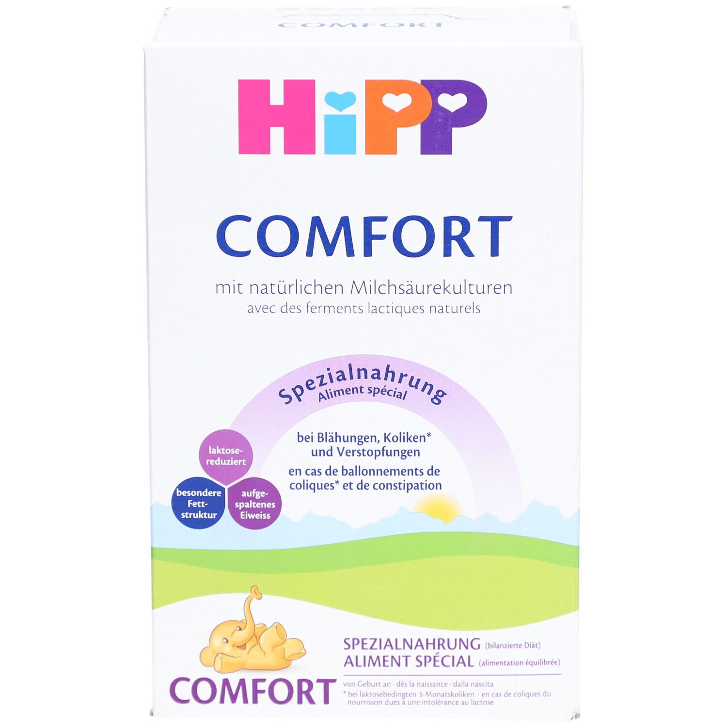 Avant de la boîte HiPP Comfort Spezialnahrung avec nom du produit et indications d'utilisation.