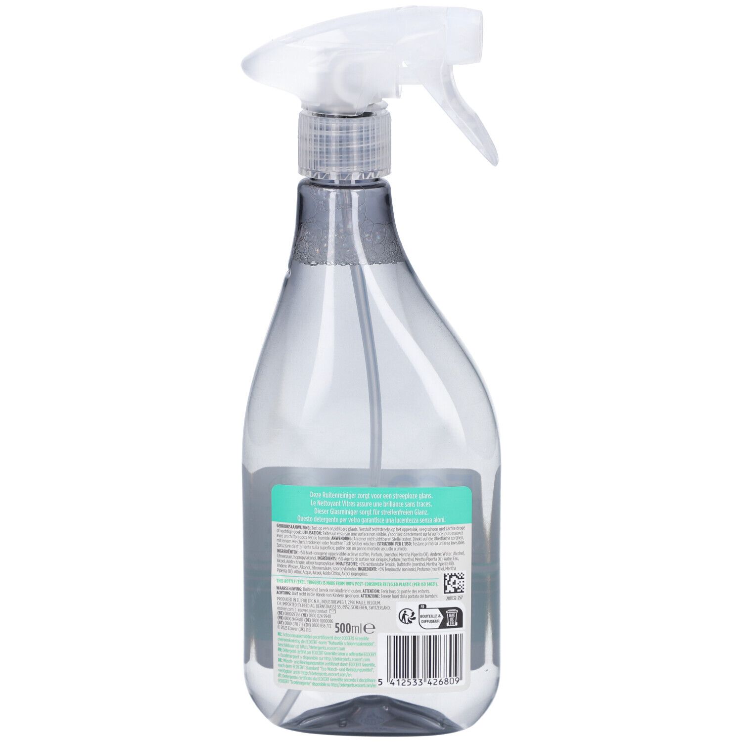 Vue arrière du flacon pulvérisateur. Étiquette avec texte et logo. Inscription: ECOVER. Étiquette verte avec informations produit.