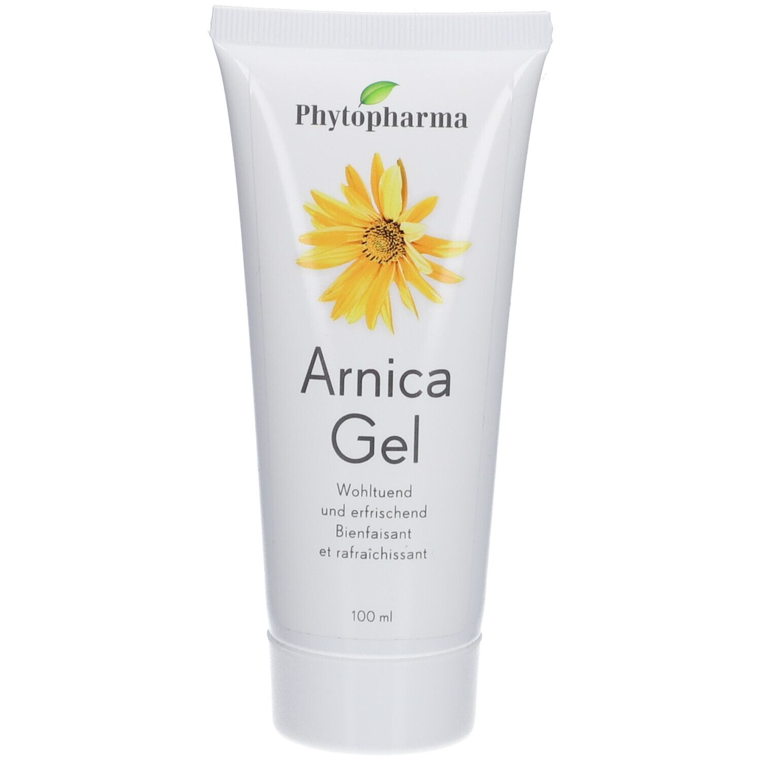 Witte tube met gele bloem en tekst. Productnaam: Arnica Gel. Merk: Phytopharma. 100 ml.