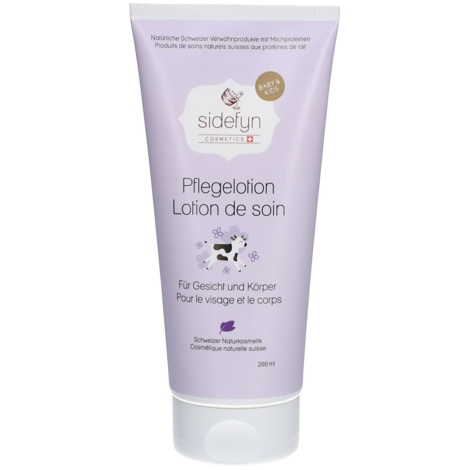 Tube de lotion Sidefyn Baby & Kids. Couleur lilas, nom du produit et illustration de vache. Texte : Pour le visage et le corps.