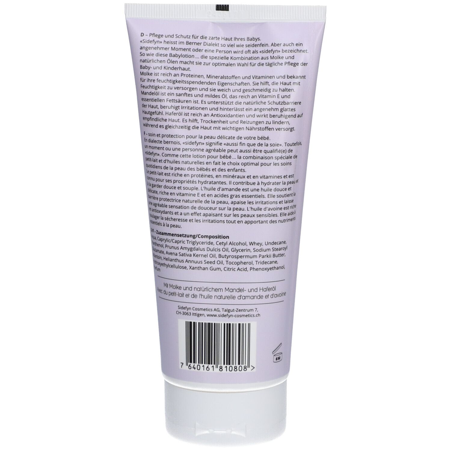 Dos du tube de lotion Sidefyn Baby & Kids. Texte avec ingrédients et informations du fabricant. Code-barres en bas.