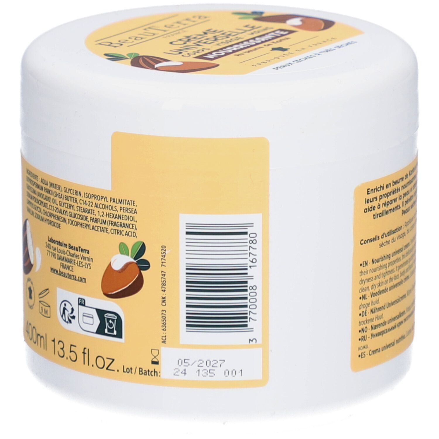 Zijkant van de witte pot. Streepjescode en ingrediënten. 400ml. Ten minste houdbaar tot 05/2027.