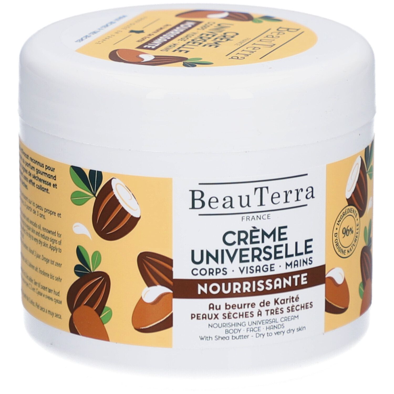 Witte pot met gele deksel. Opschrift: Crème Universelle, Corps, Visage, Mains. Met shea butter. 96% ingrediënten van natuurlijke oorsprong.