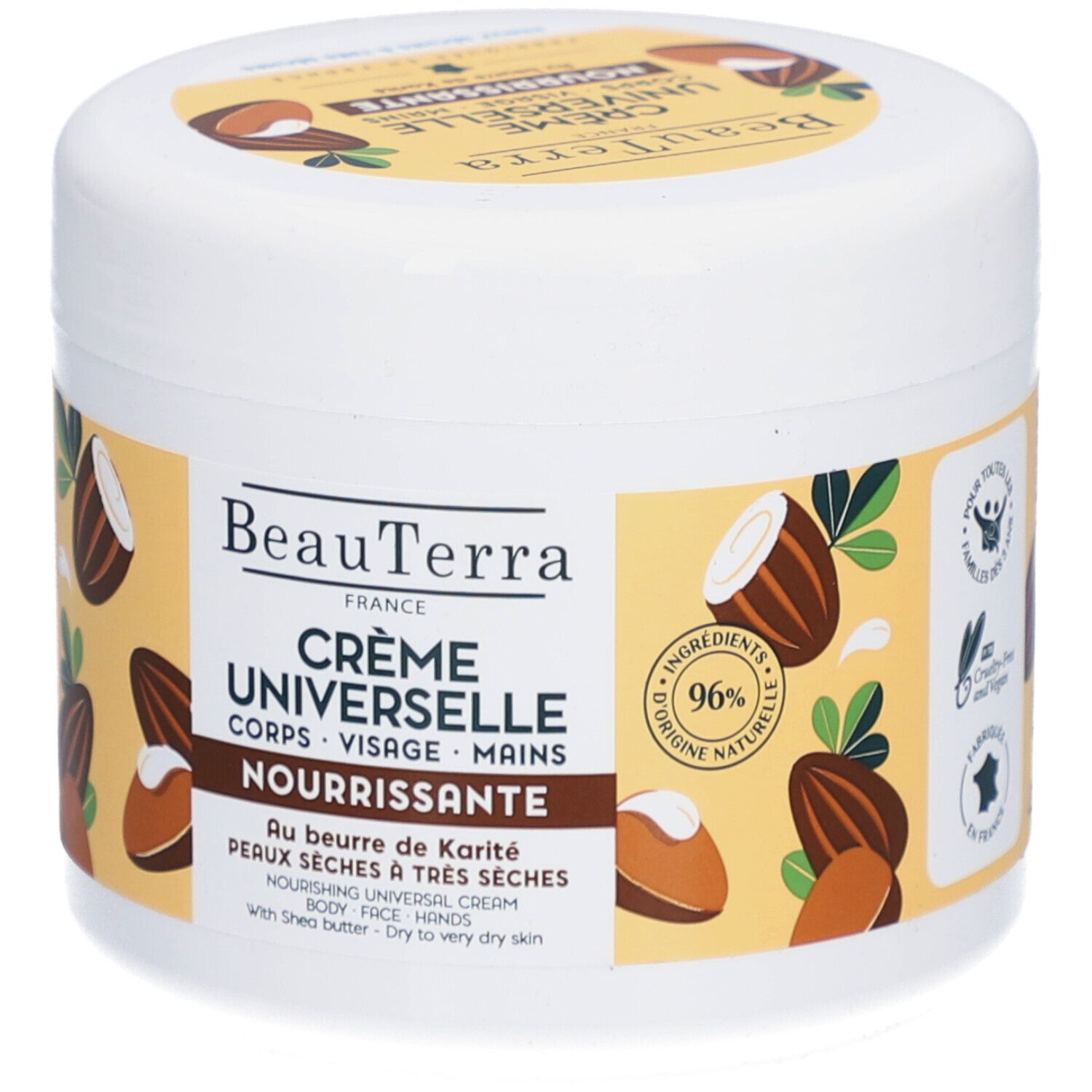 Witte pot met gele deksel. Opschrift: Crème Universelle, Corps, Visage, Mains. Met shea butter. 96% ingrediënten van natuurlijke oorsprong.