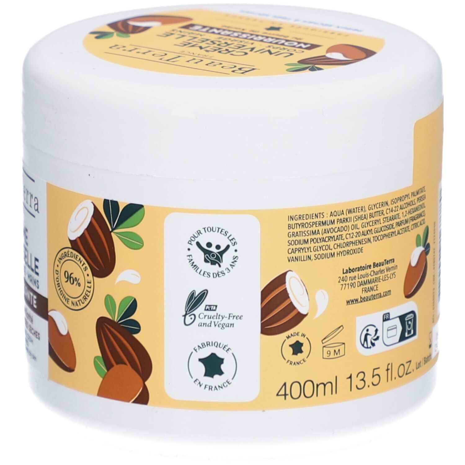 Zijkant van de witte pot. Ingrediënten, logo's: Families, Cruelty-Free, Vegan, Fabriqué en France. 400ml.