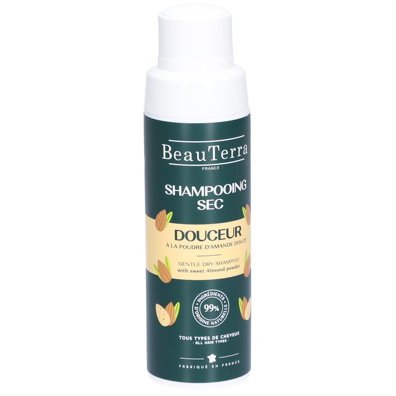 Groene shampoo fles met witte dop. Opschrift: BeauTerra, Shampooing Sec, Douceur, 99% ingrediënten van natuurlijke oorsprong.