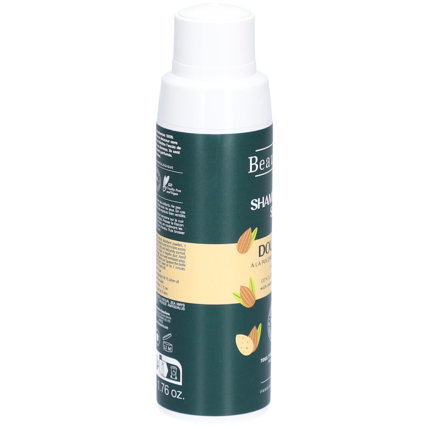 Groene shampoo fles met witte dop. Opschrift: BeauTerra. Tekst en logo's op de zijkant. Inhoud: 1.76 oz.
