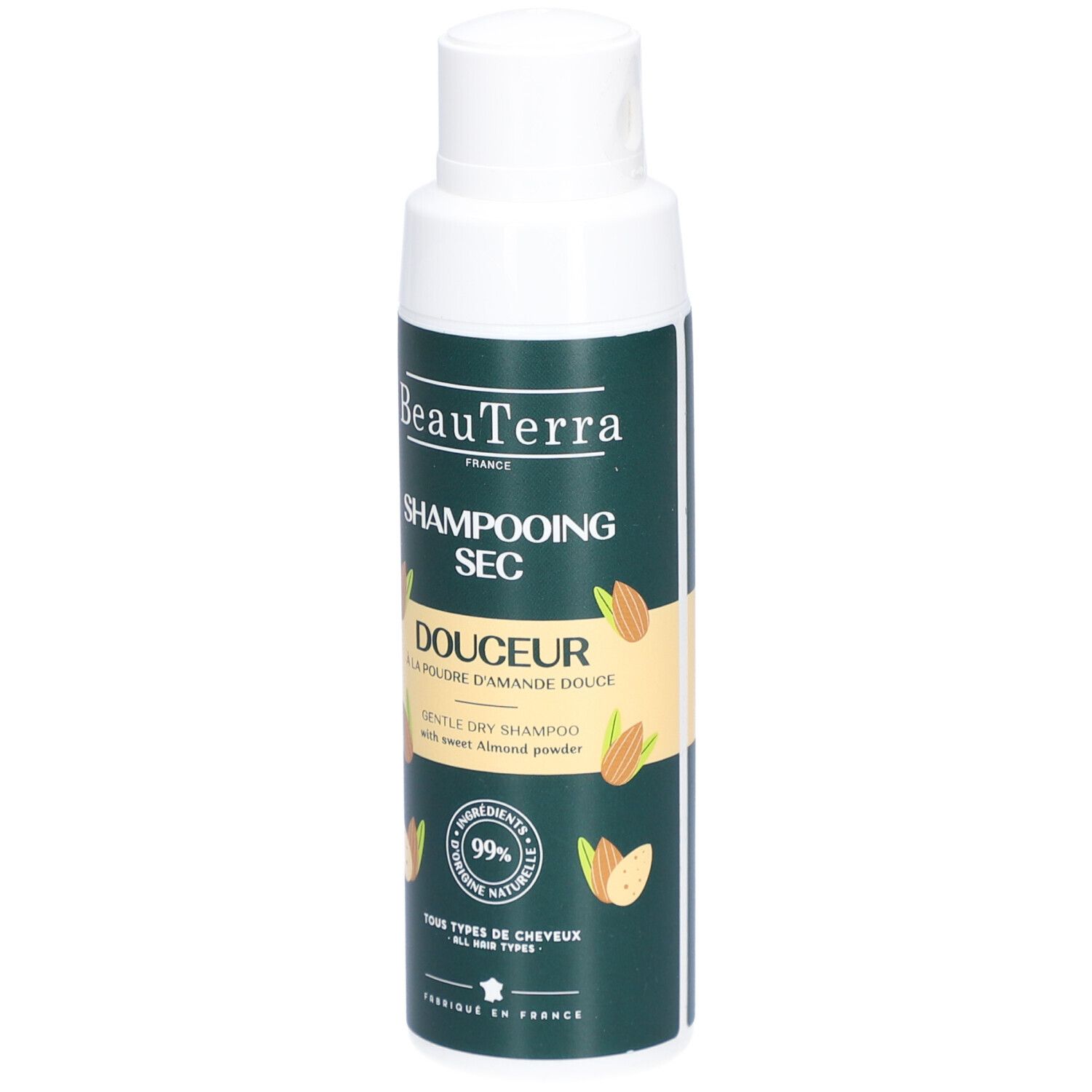 Groene shampoo fles met witte dop. Opschrift: BeauTerra, Shampooing Sec, Douceur, 99% ingrediënten van natuurlijke oorsprong.