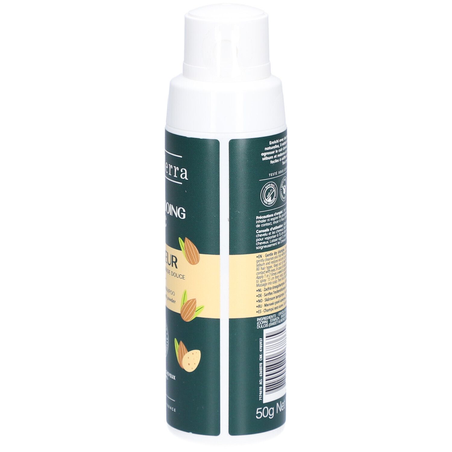Groene shampoo fles met witte dop. Opschrift: BeauTerra, Shampooing Sec, Douceur, 99% ingrediënten van natuurlijke oorsprong.